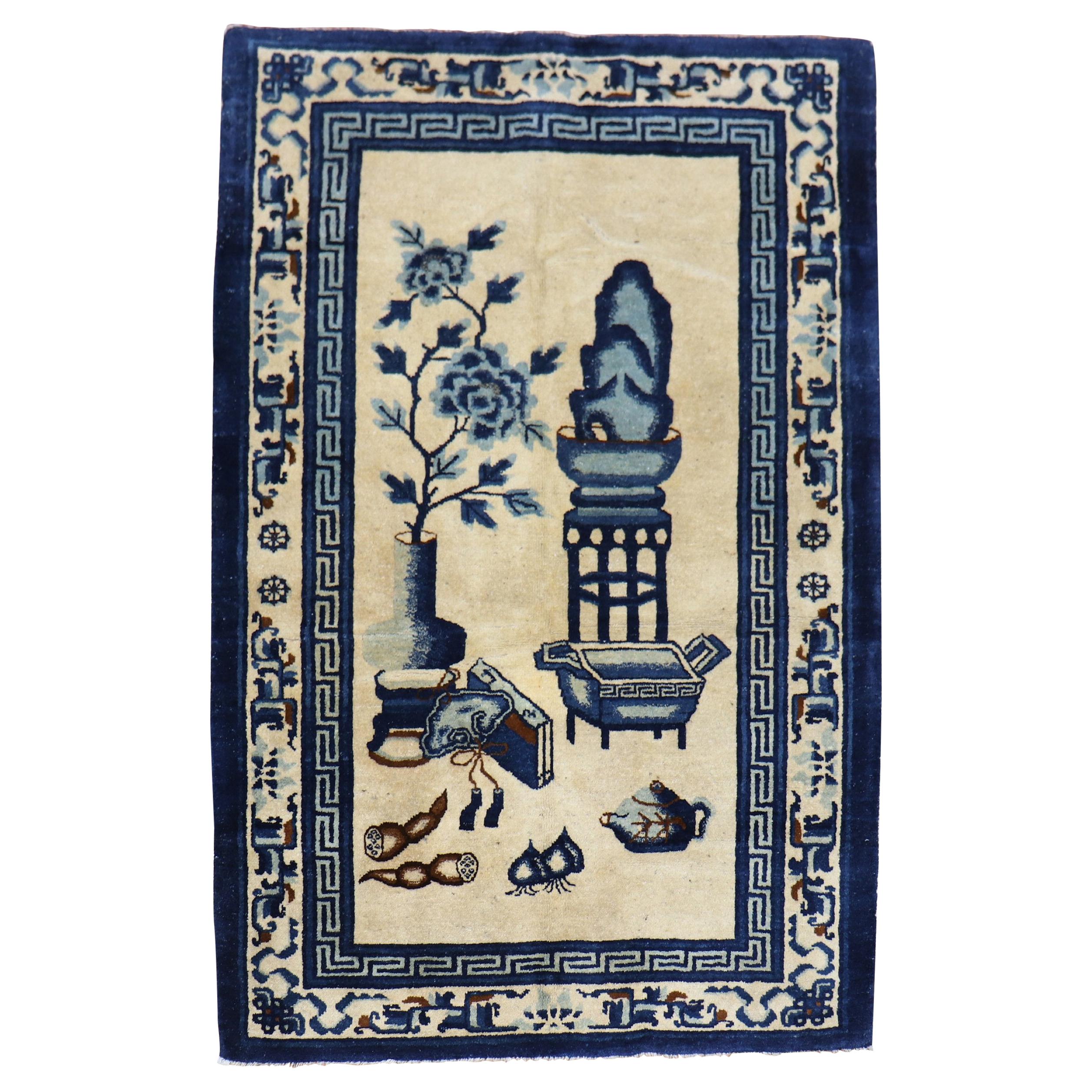 Tan Blue Color Early 20th Century Antique Chinese Oriental Rug For Sale