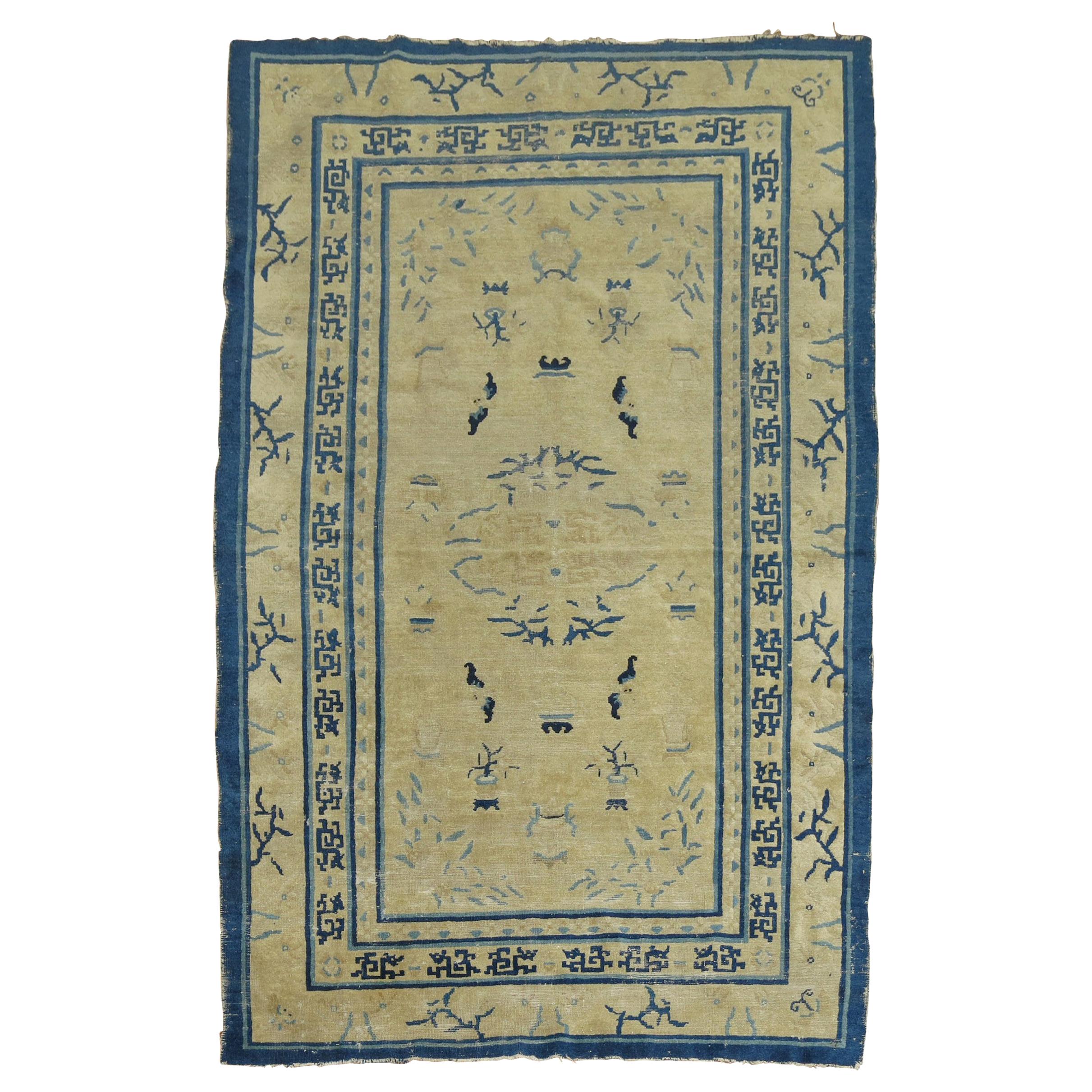 Tan Blue Color Early 20th Chinese Peking Oriental Antique Wool Rug For Sale