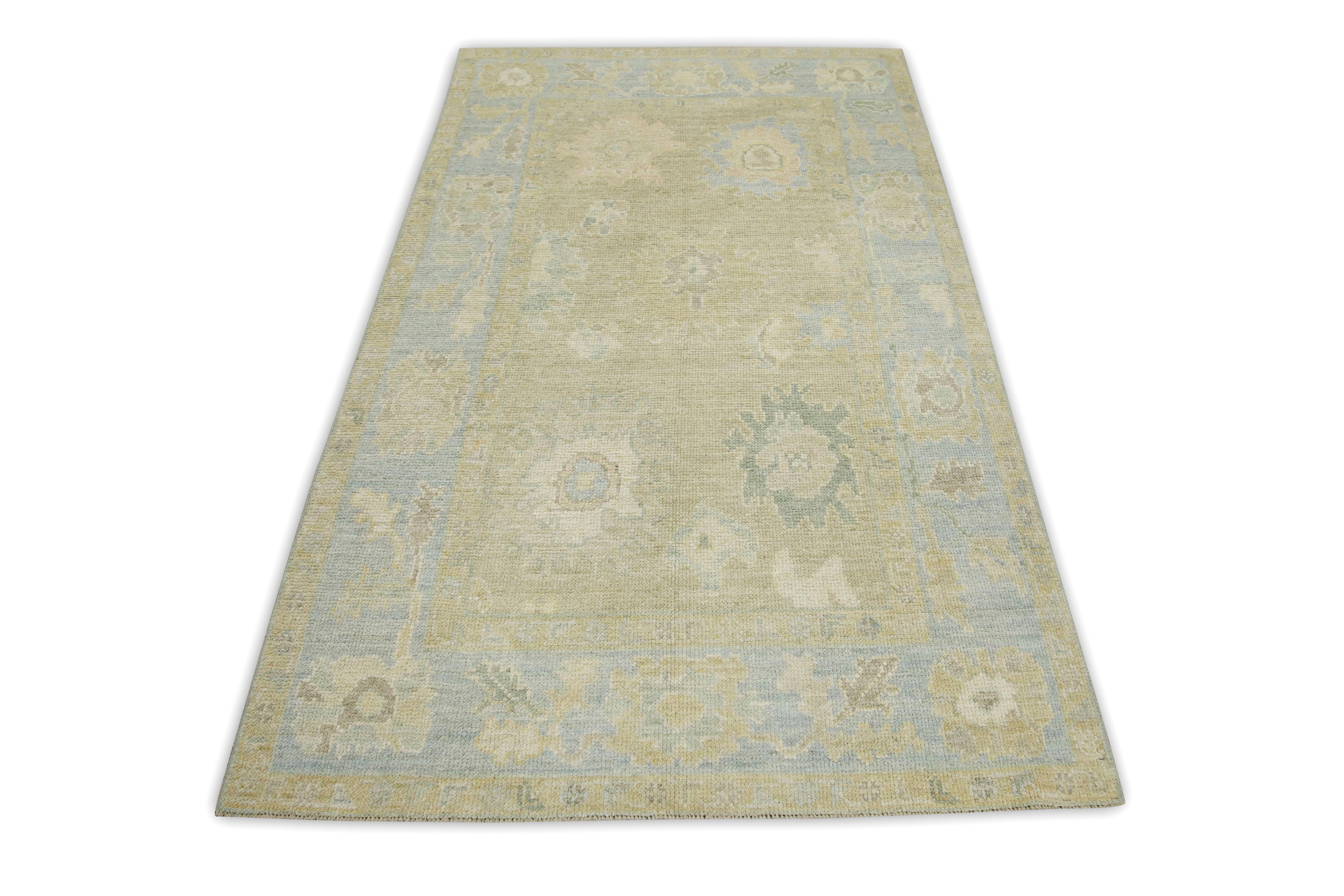 Contemporary Tan & Blue Floral Design Handwoven Wool Turkish Oushak Rug 4' x 6'8