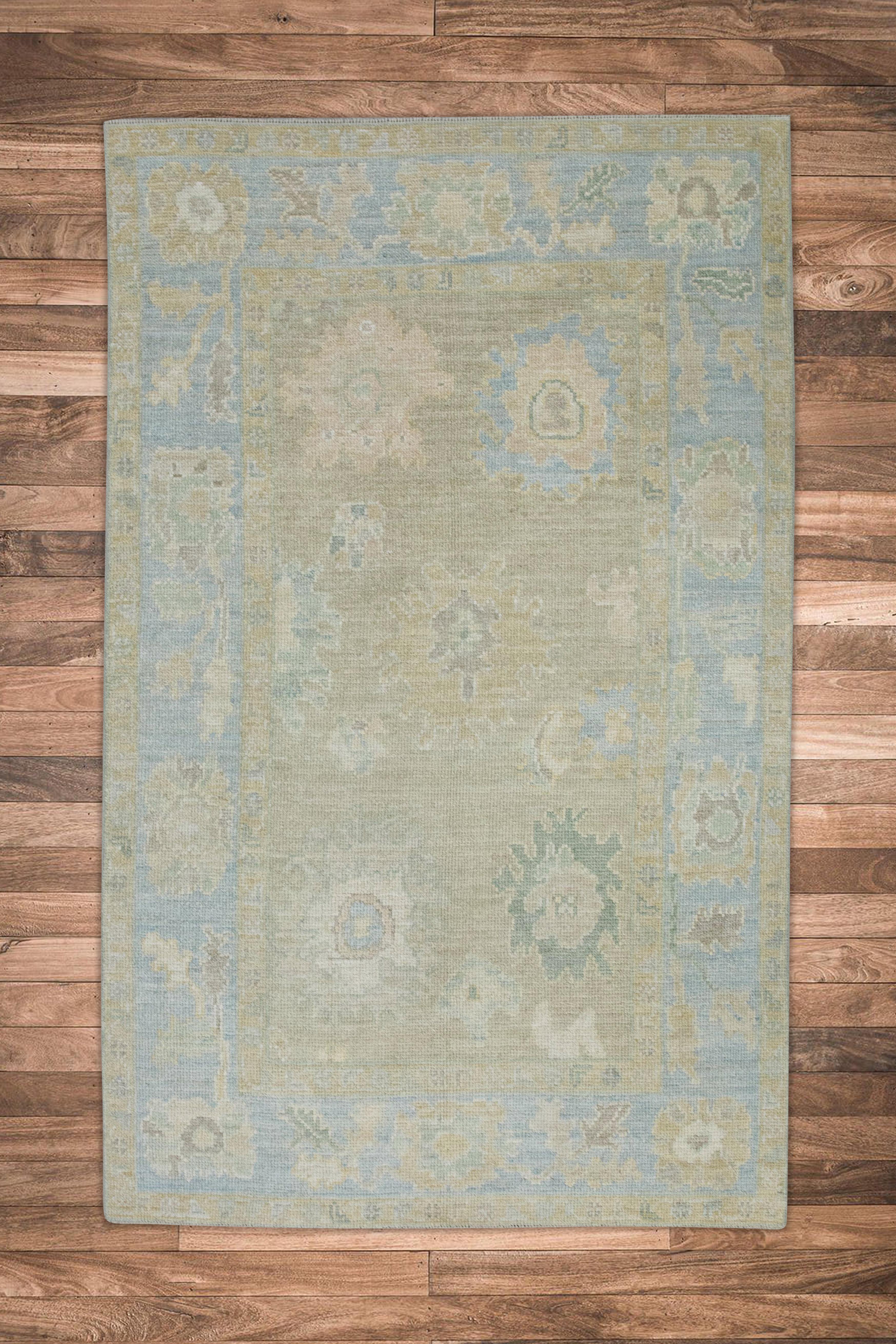 Tan & Blue Floral Design Handwoven Wool Turkish Oushak Rug 4' x 6'8
