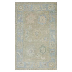 Tan & Blue Floral Design Handwoven Wool Turkish Oushak Rug 4' x 6'8"