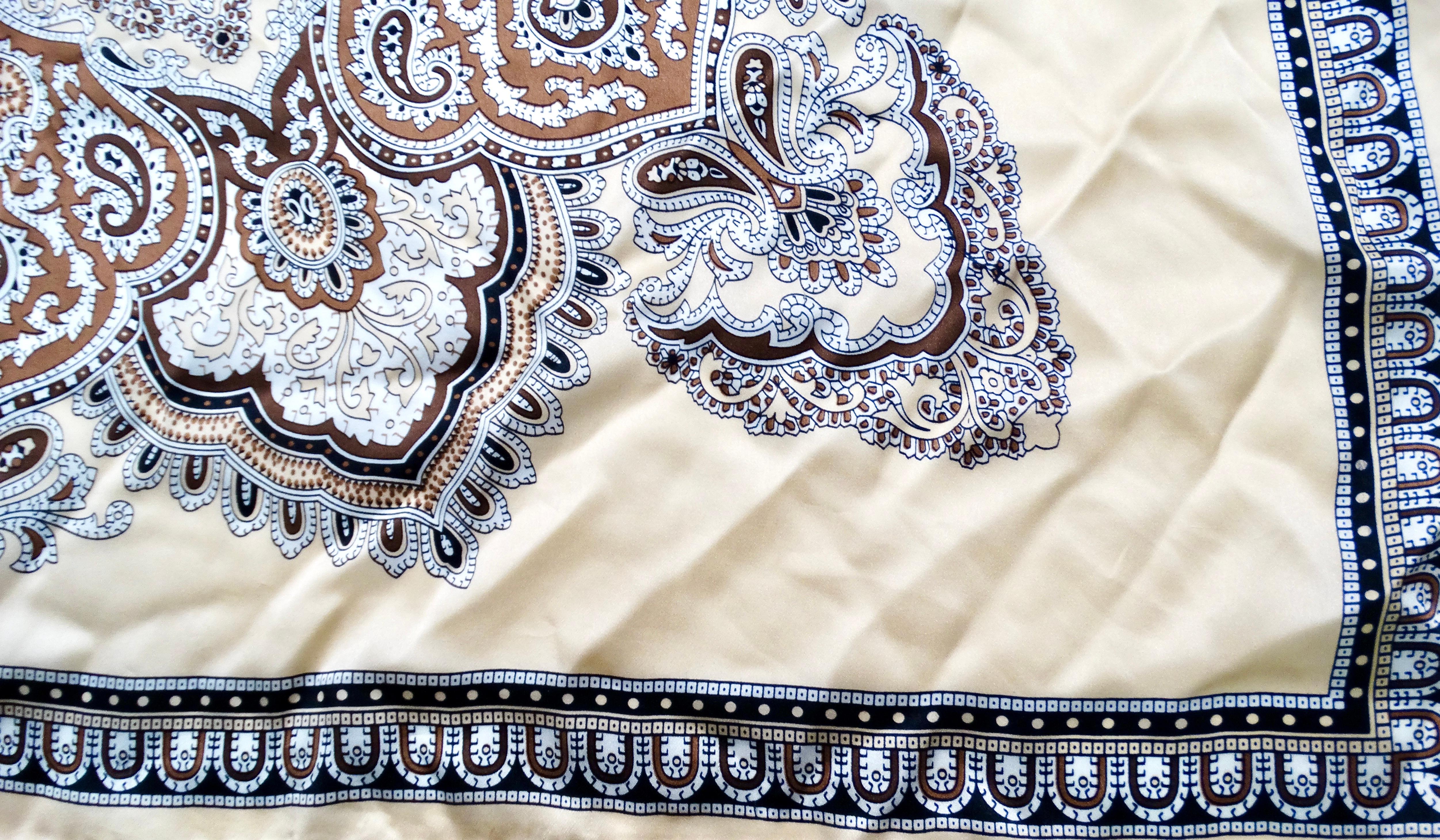 Gray Tan Bohemian Paisley Bandana Print Silk Scarf For Sale