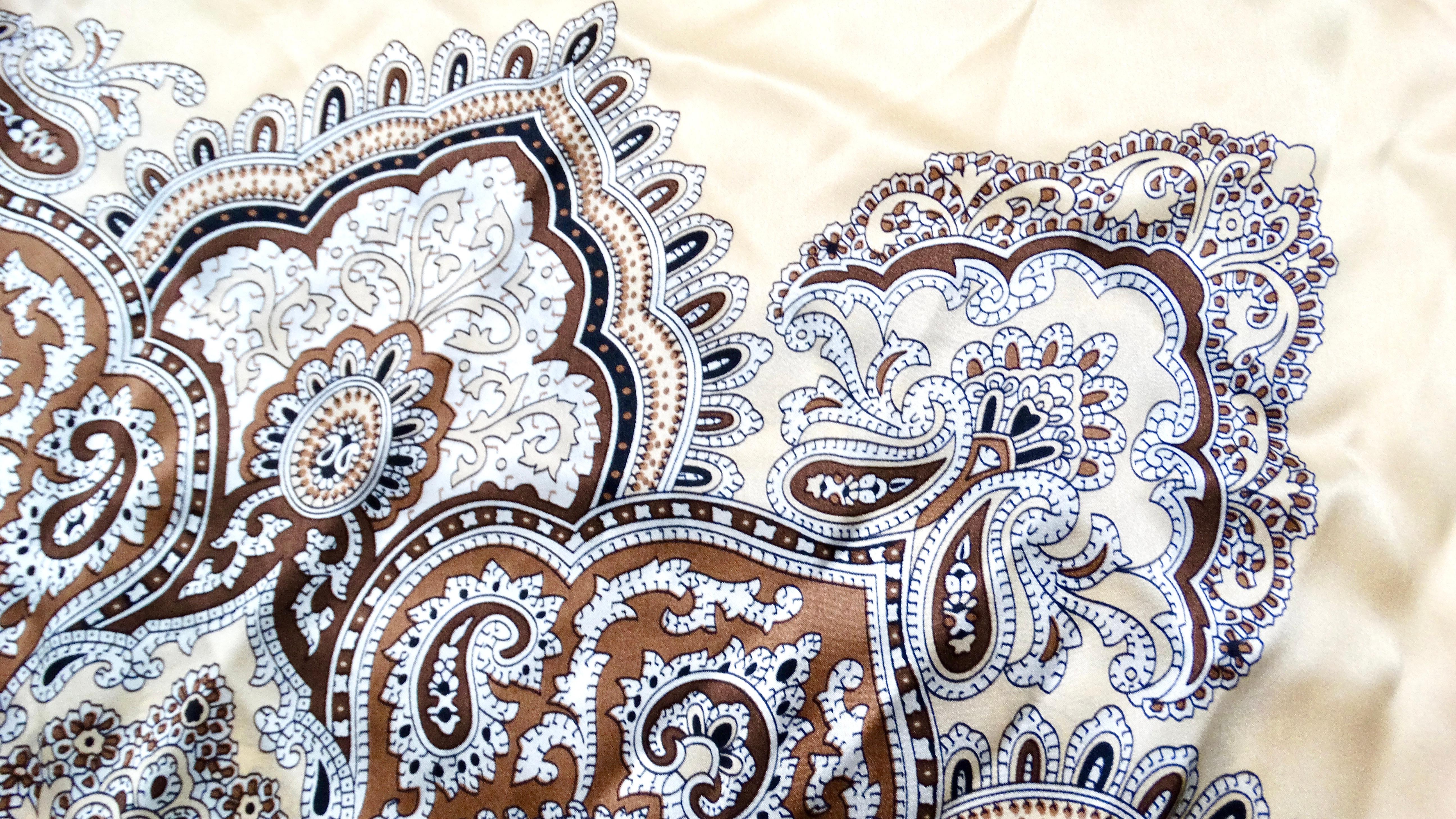 Tan Bohemian Paisley Bandana Print Silk Scarf In Good Condition For Sale In Scottsdale, AZ