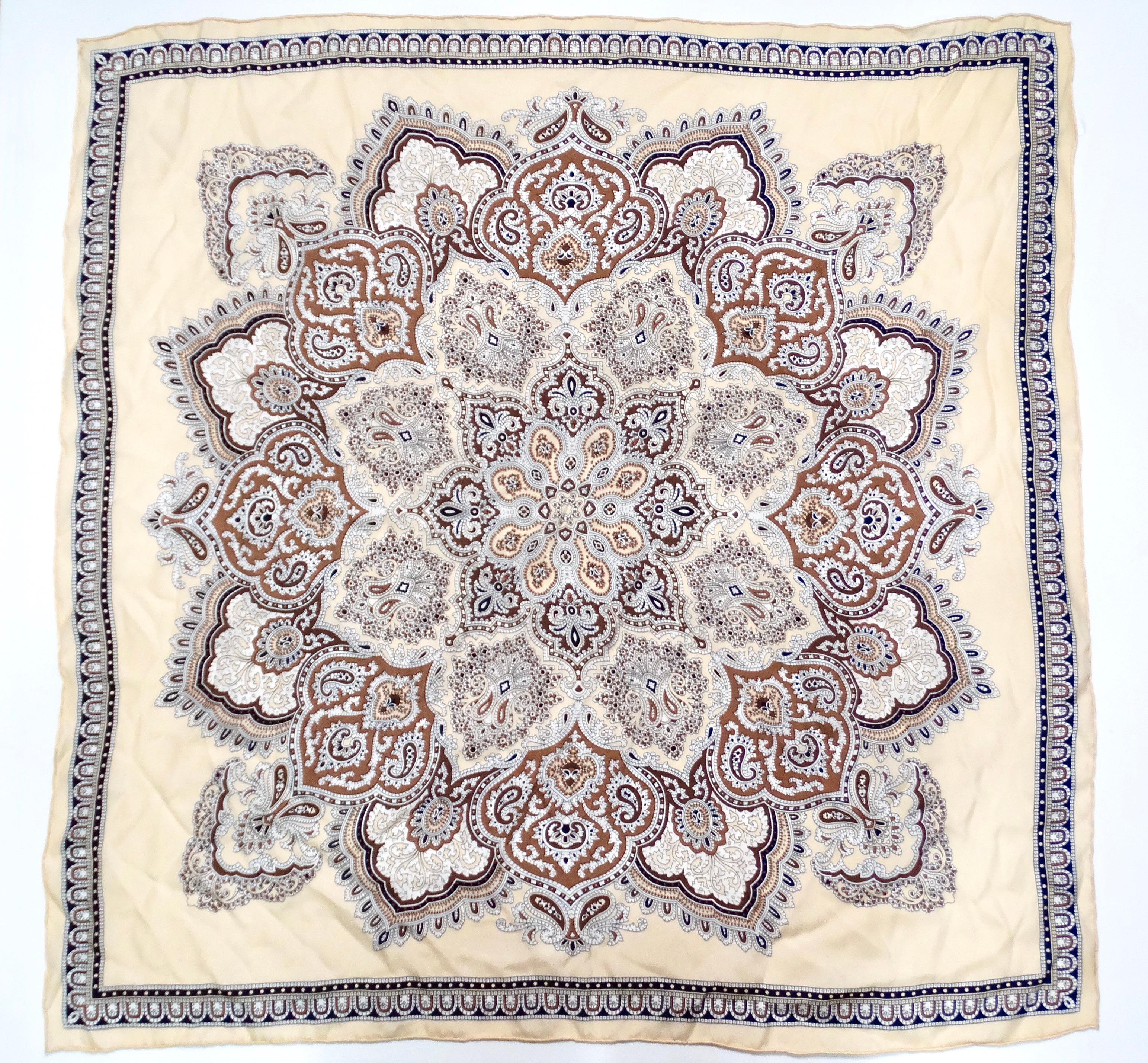 Women's or Men's Tan Bohemian Paisley Bandana Print Silk Scarf For Sale
