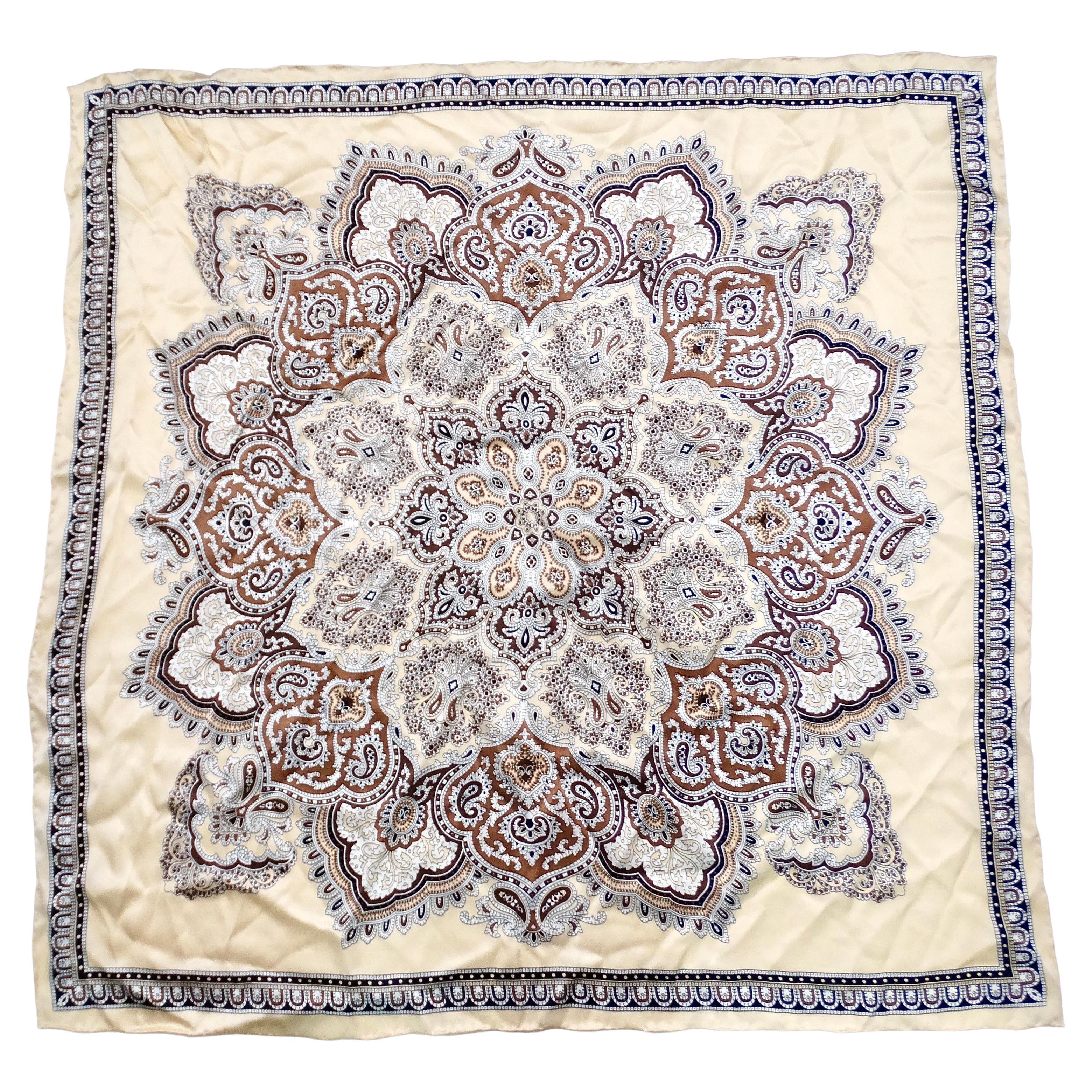 Tan Bohemian Paisley Bandana Print Silk Scarf For Sale