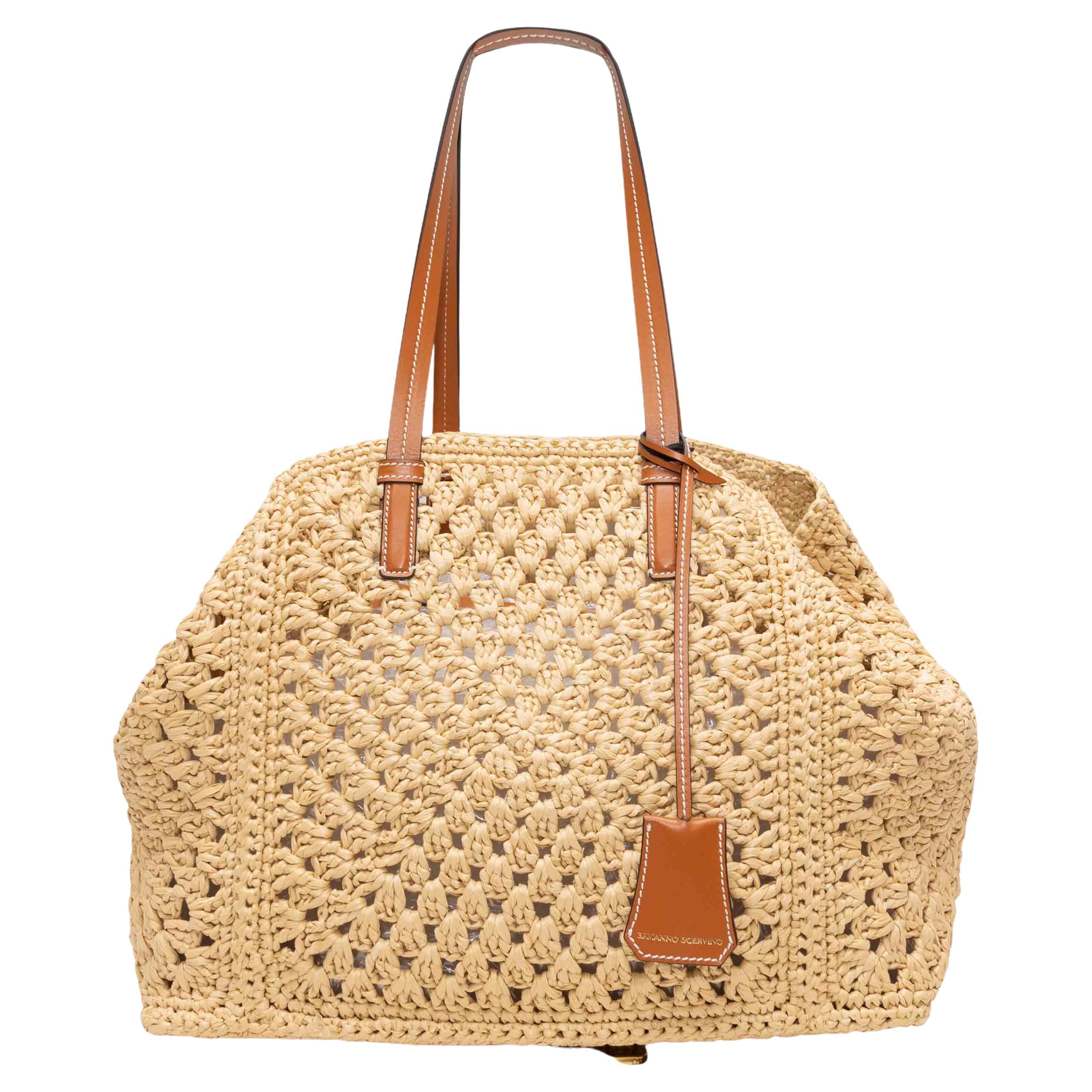Tan & Braun Ermanno Scervio Raffia & Leder Tote im Angebot