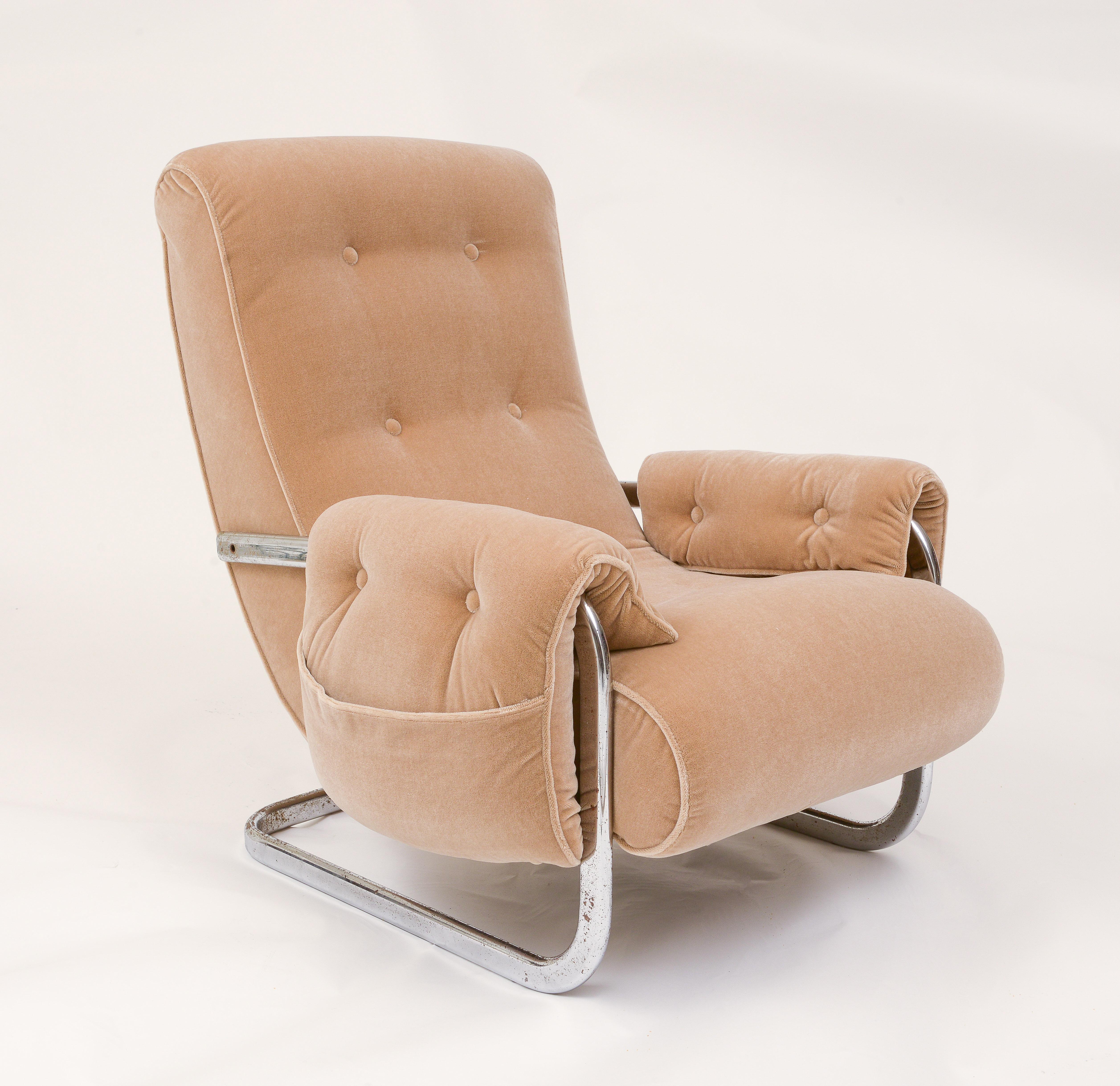 Tan Brown Mohair Velvet Large Lounge Chairs, Guido Faleschini, 1970's, Italy 3