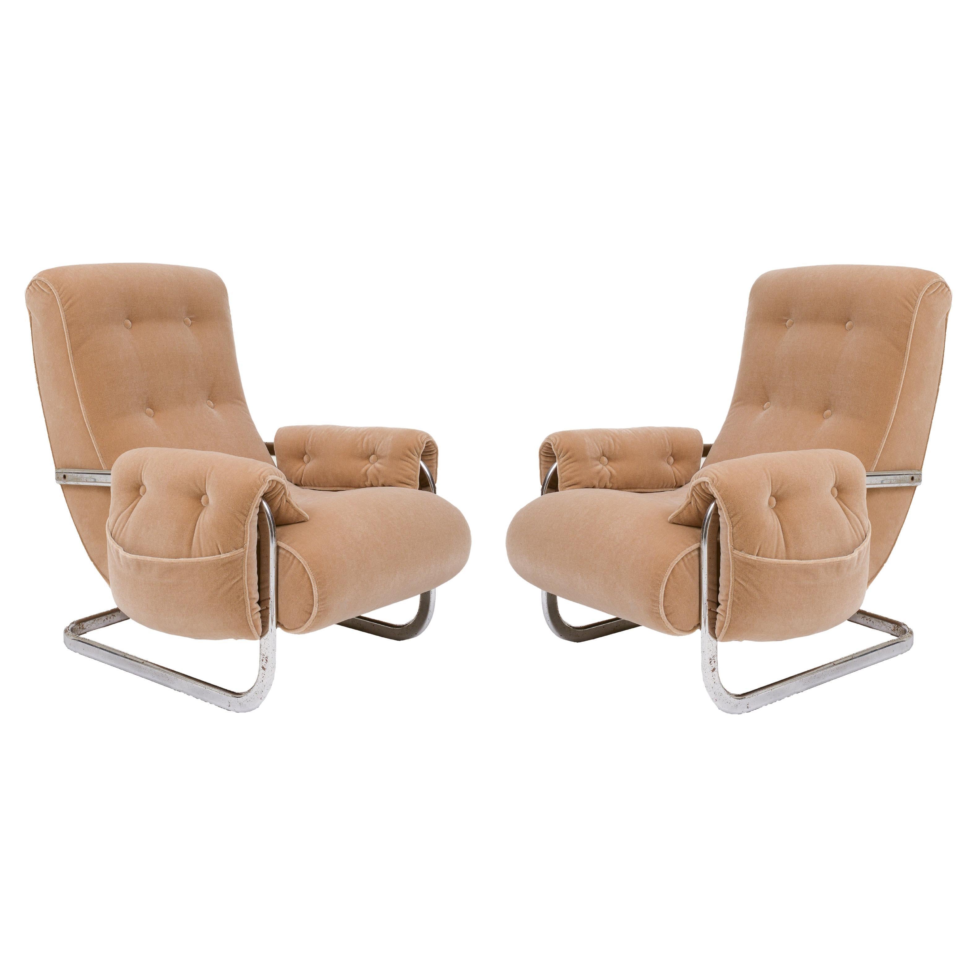 Tan Brown Mohair Velvet Large Lounge Chairs, Guido Faleschini, 1970's, Italy