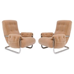 Tan Brown Mohair Velvet Large Lounge Chairs, Guido Faleschini, 1970's, Italy