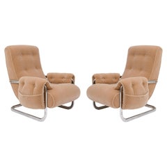 Tan Brown Mohair Velvet Large Lounge Chairs, Guido Faleschini, 1970's, Italy