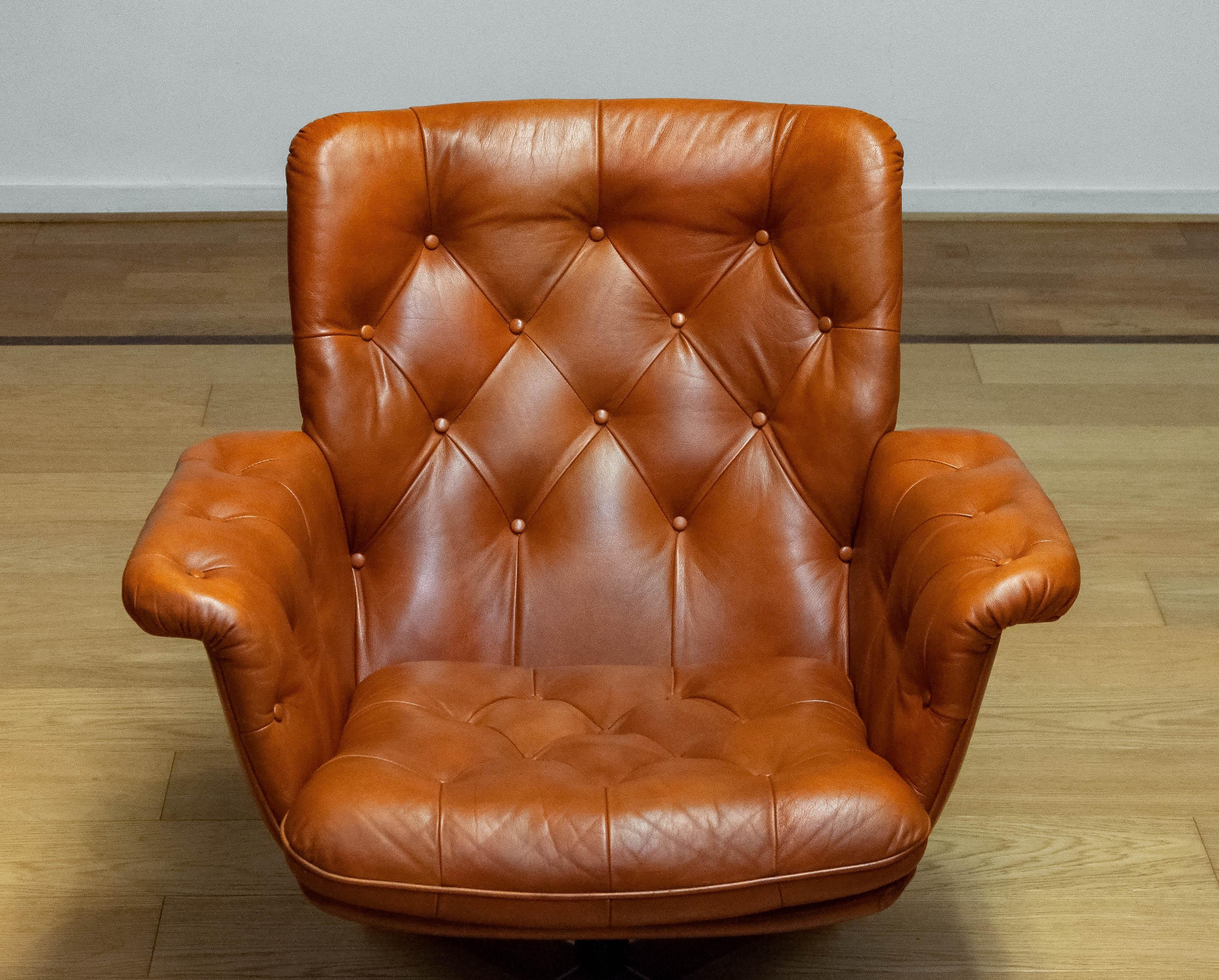 Tan Brown Padded Leather Swivel Chair Göte Nassjö Sweden 1960s For Sale 4