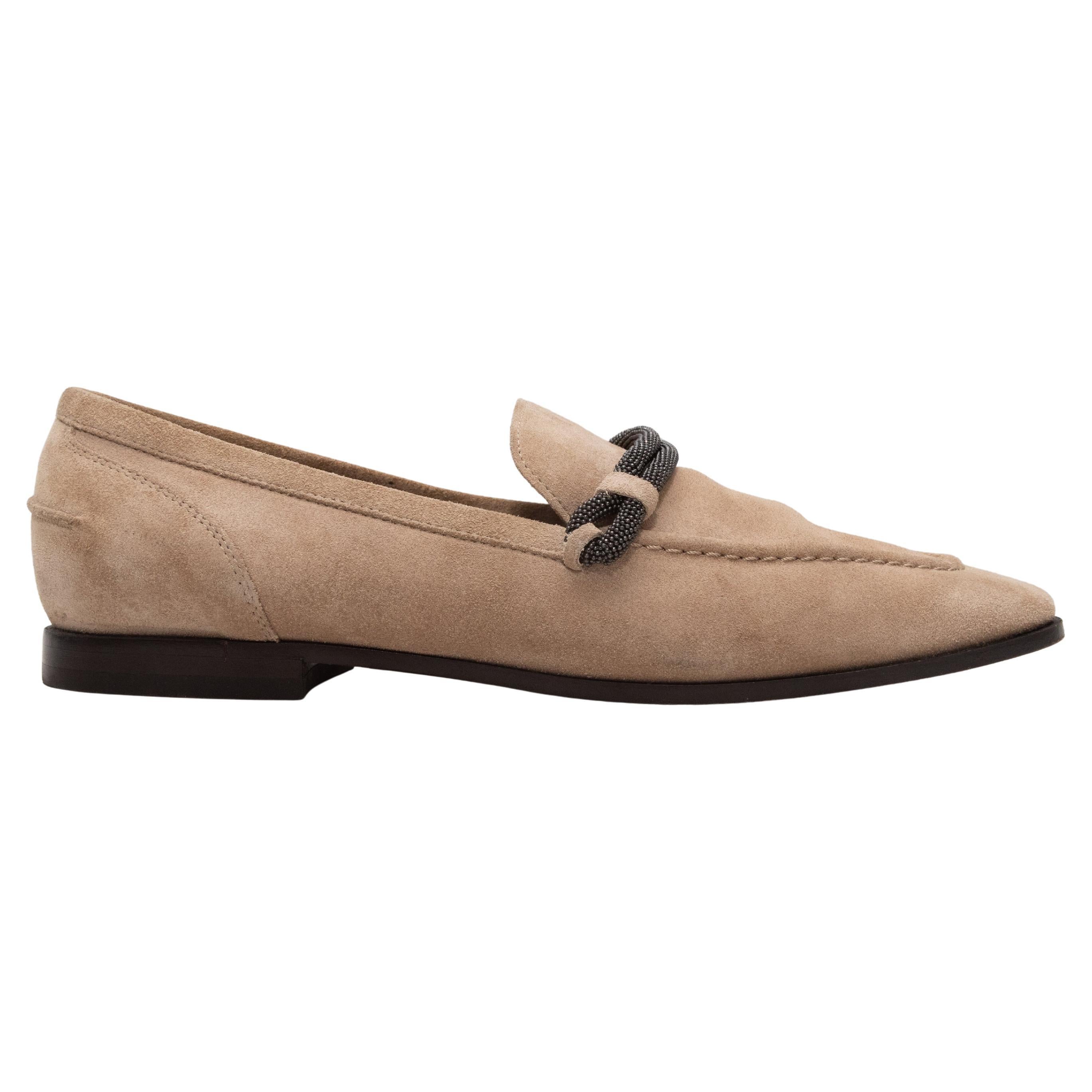 Tan Brunello Cucinelli Suede Monili-Trimmed Loafers Size 39 en venta