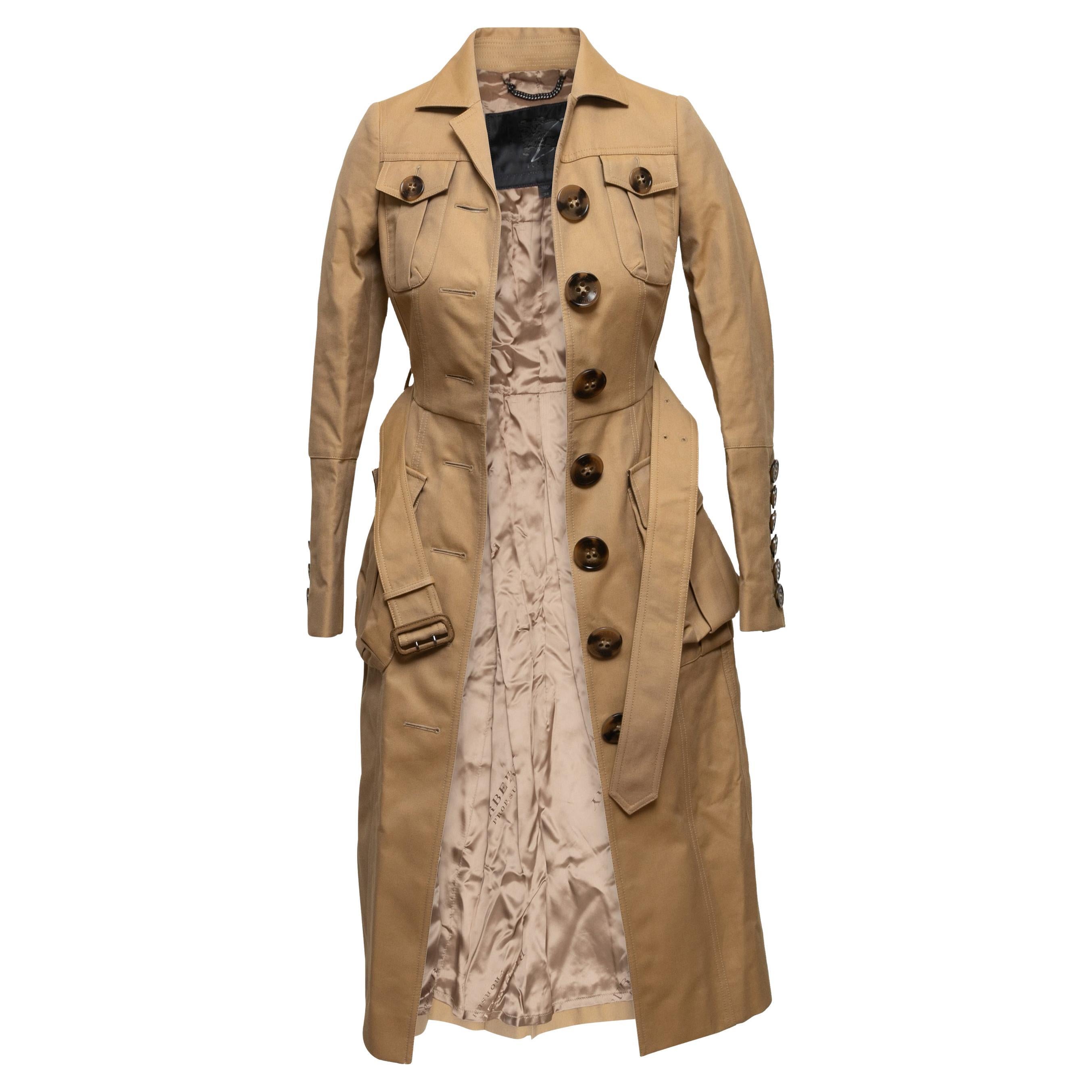 Tan Burberry Prorsum Belted Trench Coat Size EU 34 For Sale