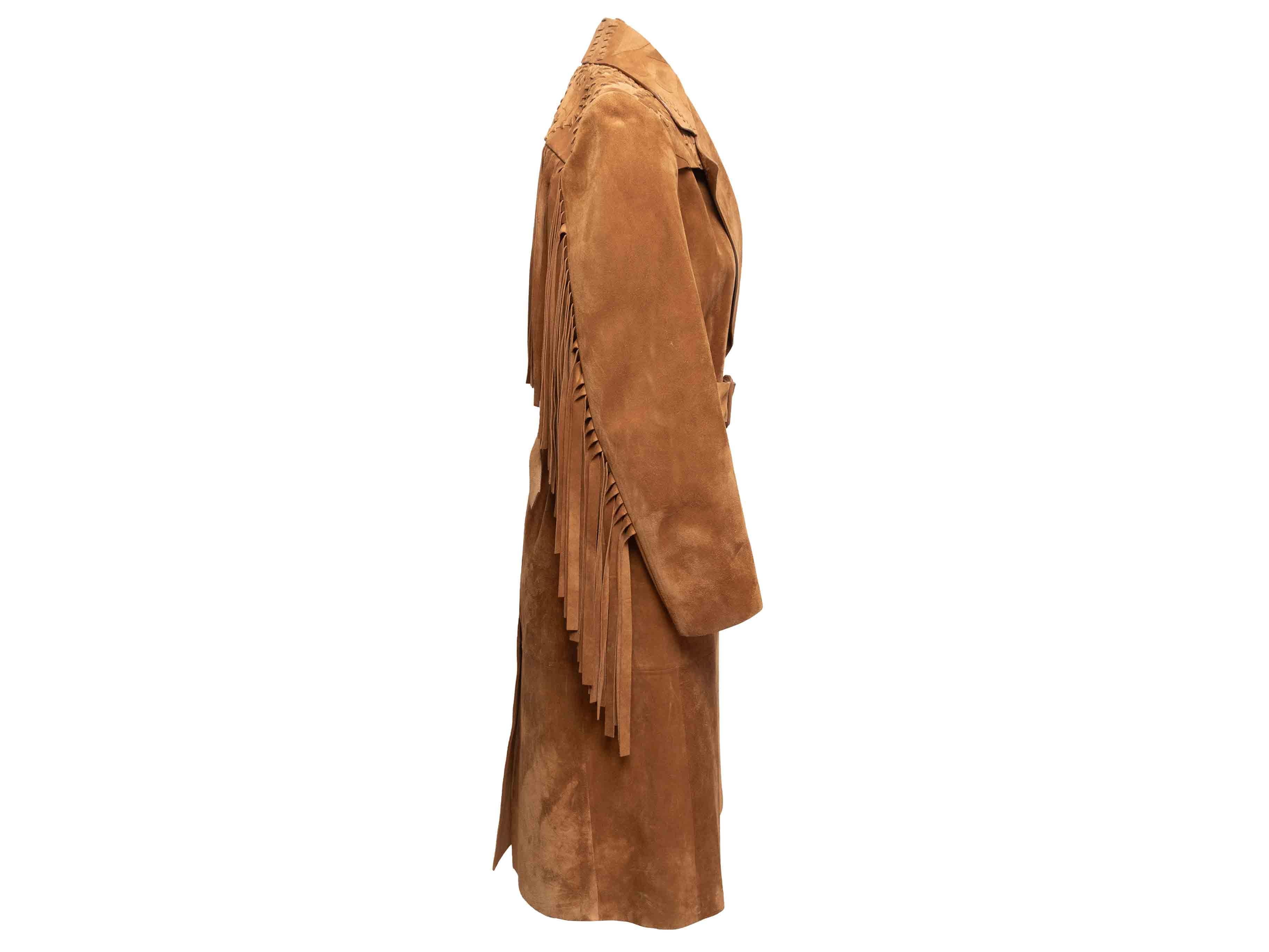 Marron Manteau trench long en daim bordé de franges, couleur bronze, Burberry Taille IT 42 en vente
