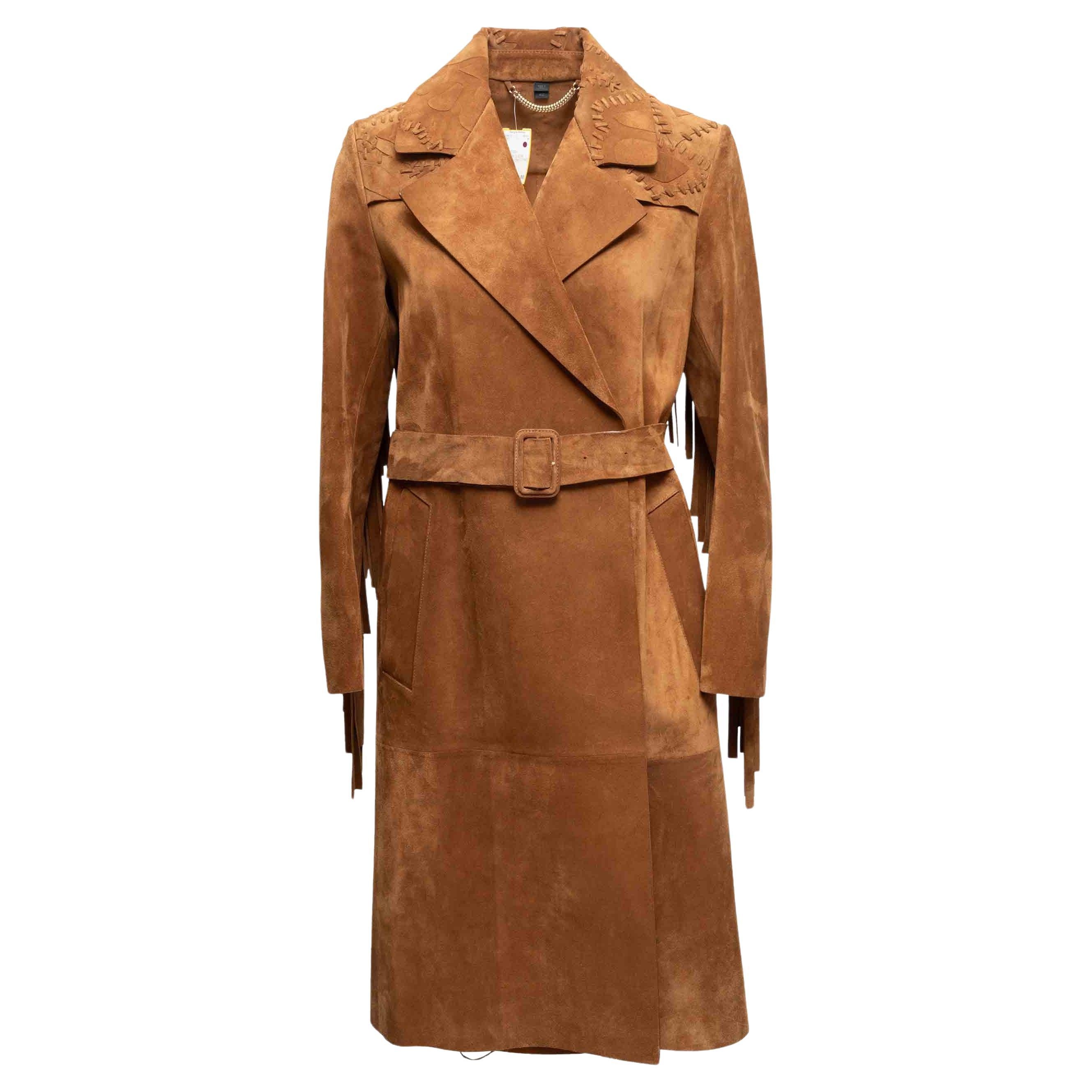 Manteau trench long en daim bordé de franges, couleur bronze, Burberry Taille IT 42 en vente