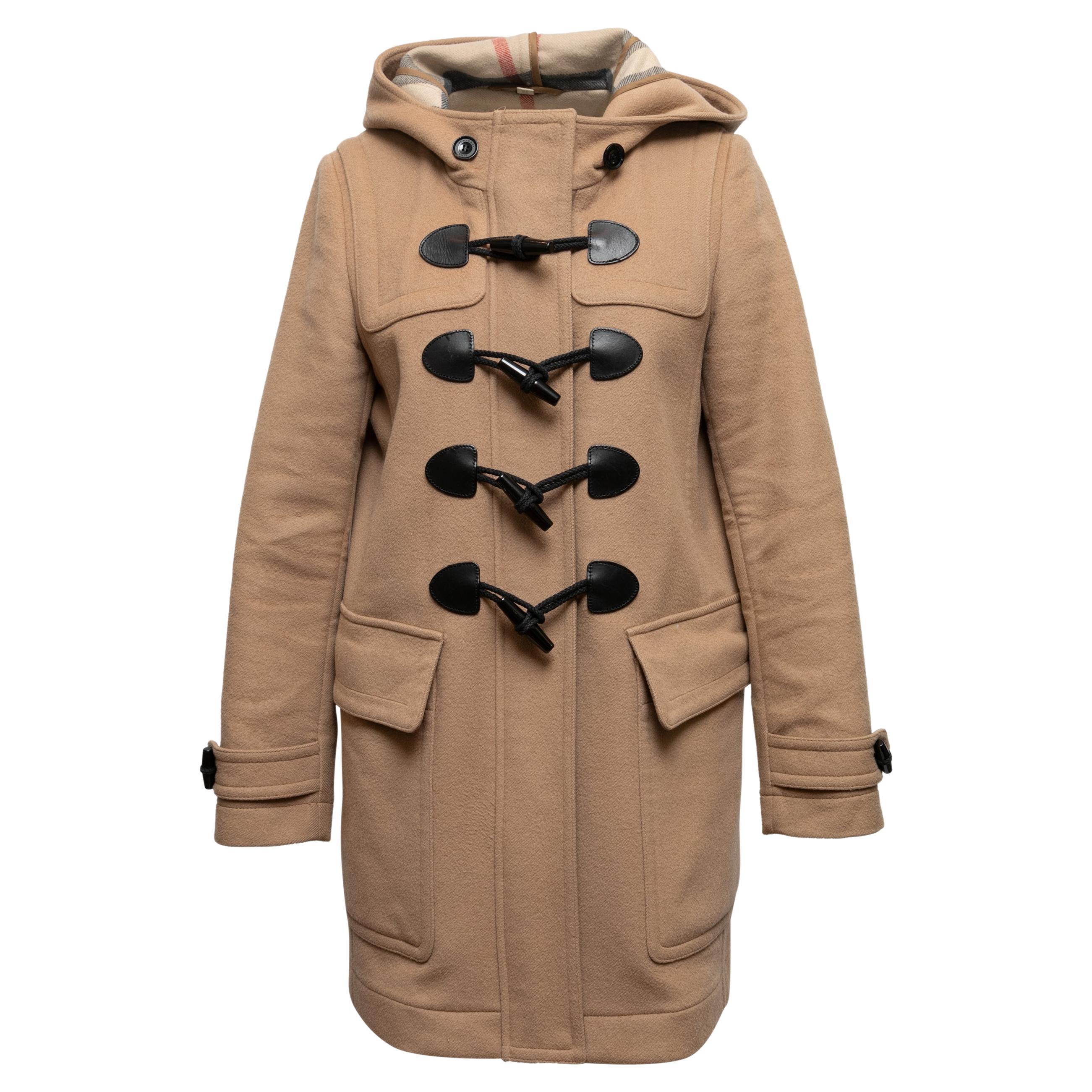 Tan Burberry Wool Hooded Peacoat For Sale at 1stDibs