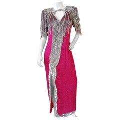 Vintage Tan-Chho 1980s Beaded Hot Pink Gown
