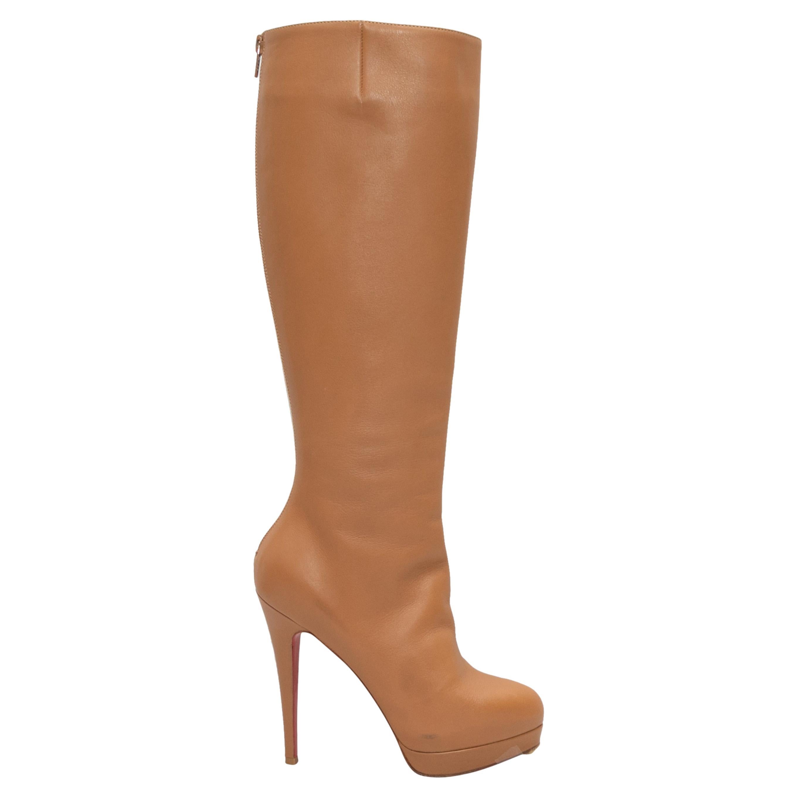 Tan Christian Louboutin Platform Heeled Knee-High Boots Size 35 For Sale