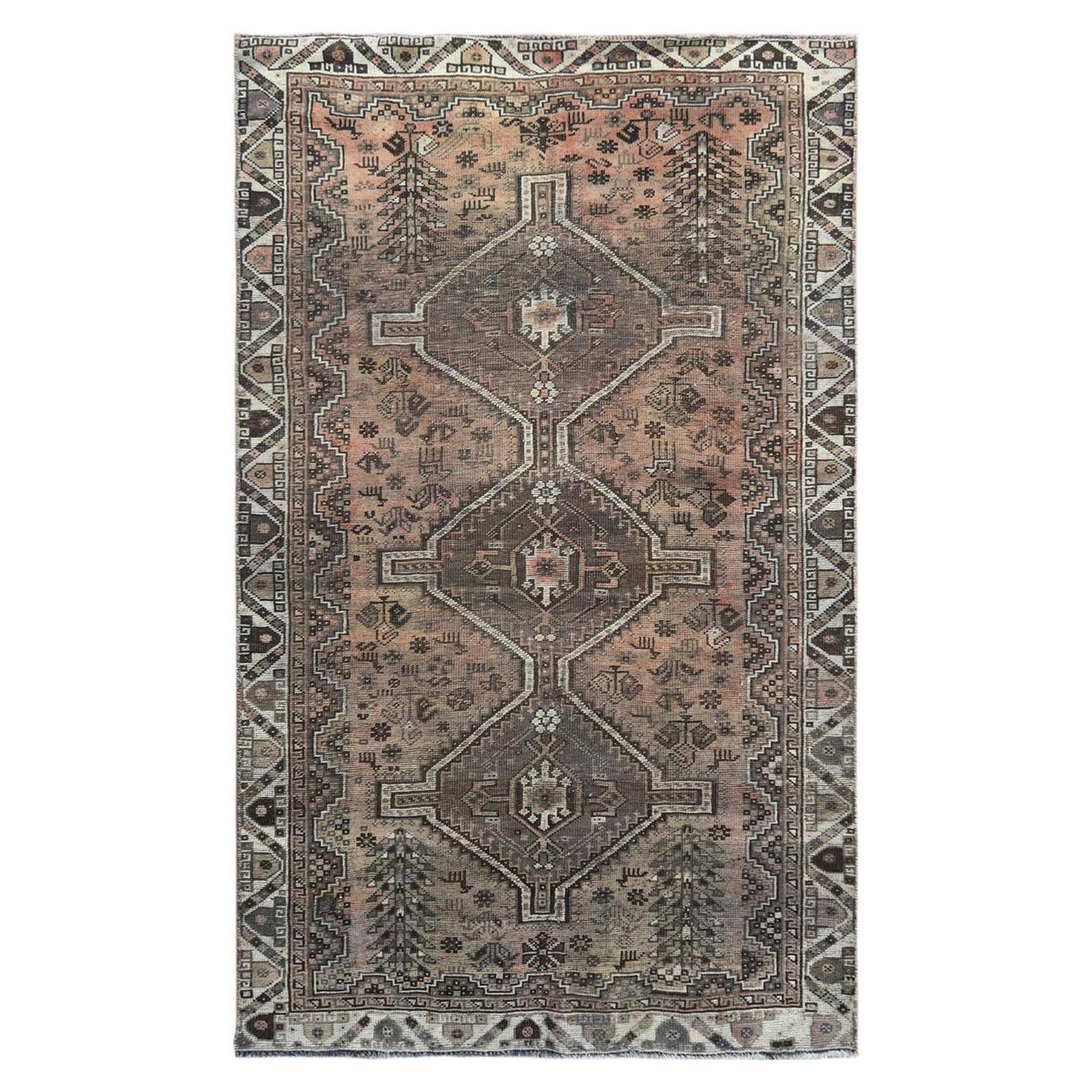 Tan Color Old Persian Shiraz with Triple Medallion Design Hand Knotted Wool Rug For Sale