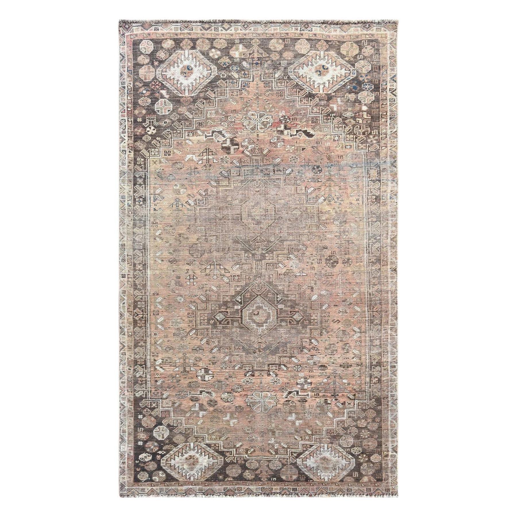 Tan Color Persian Shiraz with Double Medallion Worn Down Hand Knotted Wool Rug For Sale