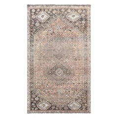 Tan Color Persian Shiraz with Double Medallion Worn Down Hand Knotted Wool Rug