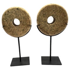 Tan Color Stone Set Of Two Thick Stone Disc Sculptures, China, Contemporary