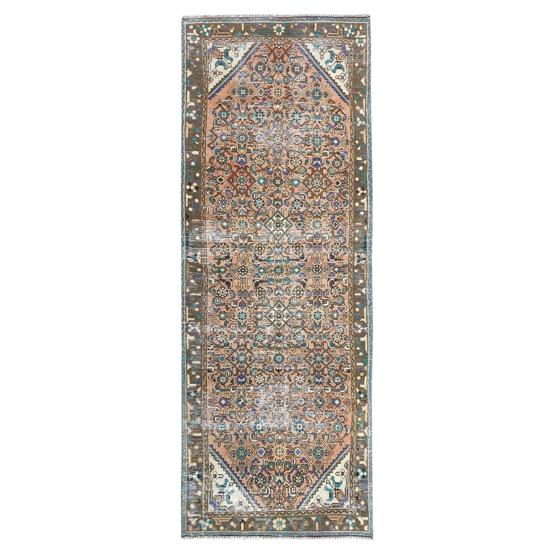 Tan Color Vintage Persian Hamadan Pure Wool Hand Knotted Cropped Thin Rug