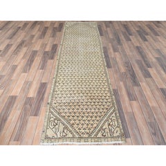 Tan Color Vintage Persian Serab Even Wear Pure Wool Hand Knotted Runner Rug