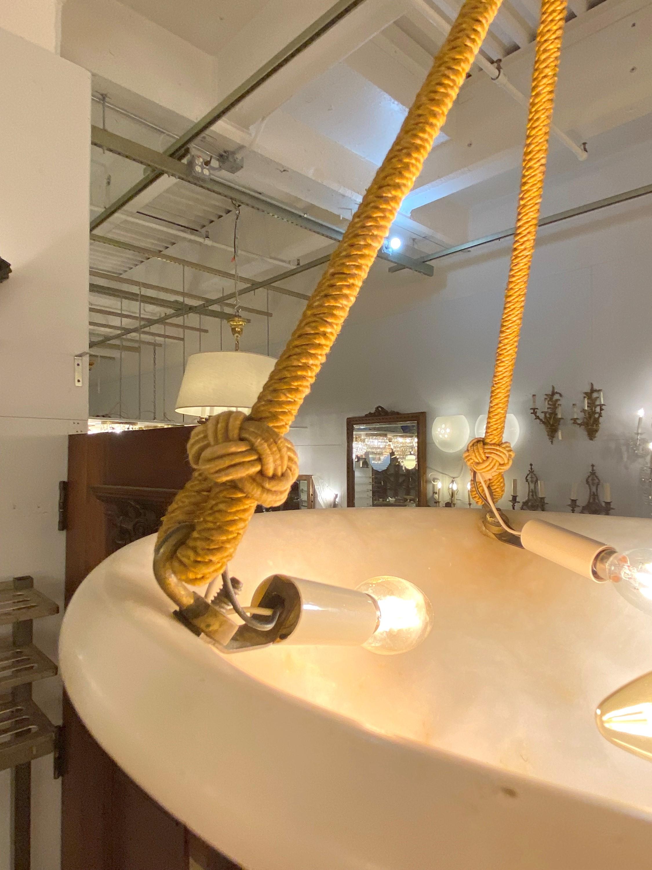 Tan Creamy Alabaster Dish Pendant Light Rope Design 5