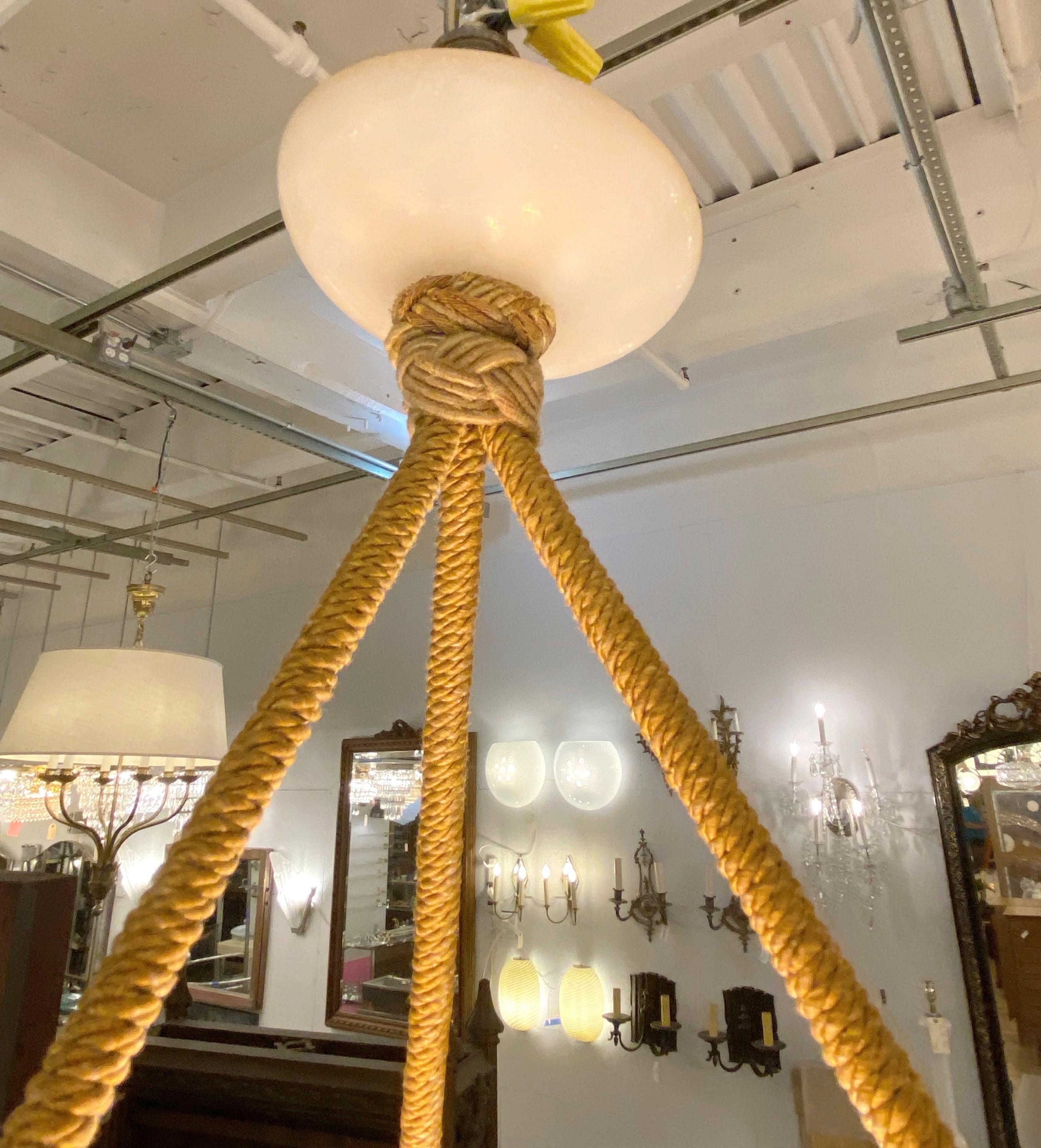Tan Creamy Alabaster Dish Pendant Light Rope Design 6