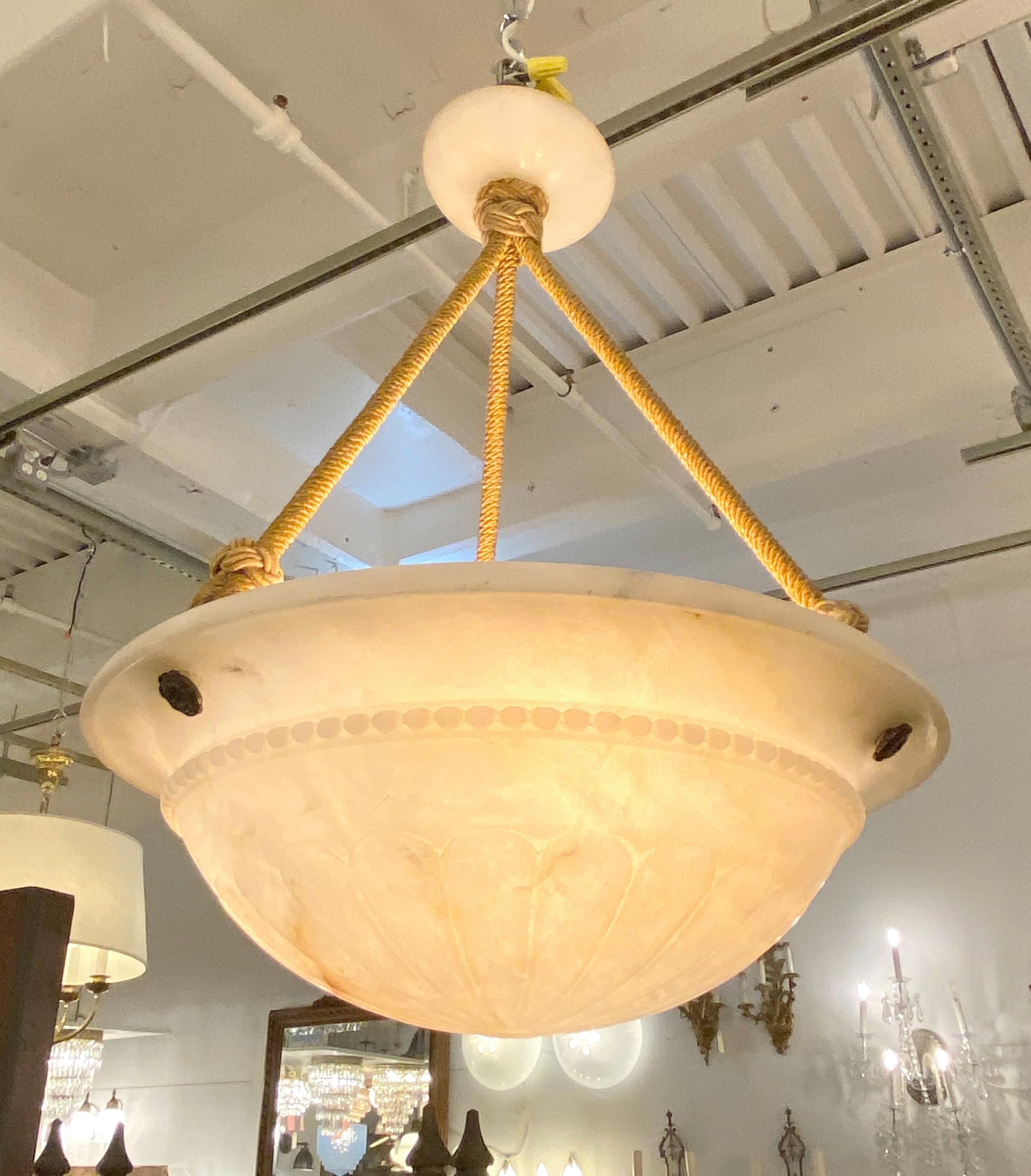 Tan Creamy Alabaster Dish Pendant Light Rope Design In Good Condition In New York, NY