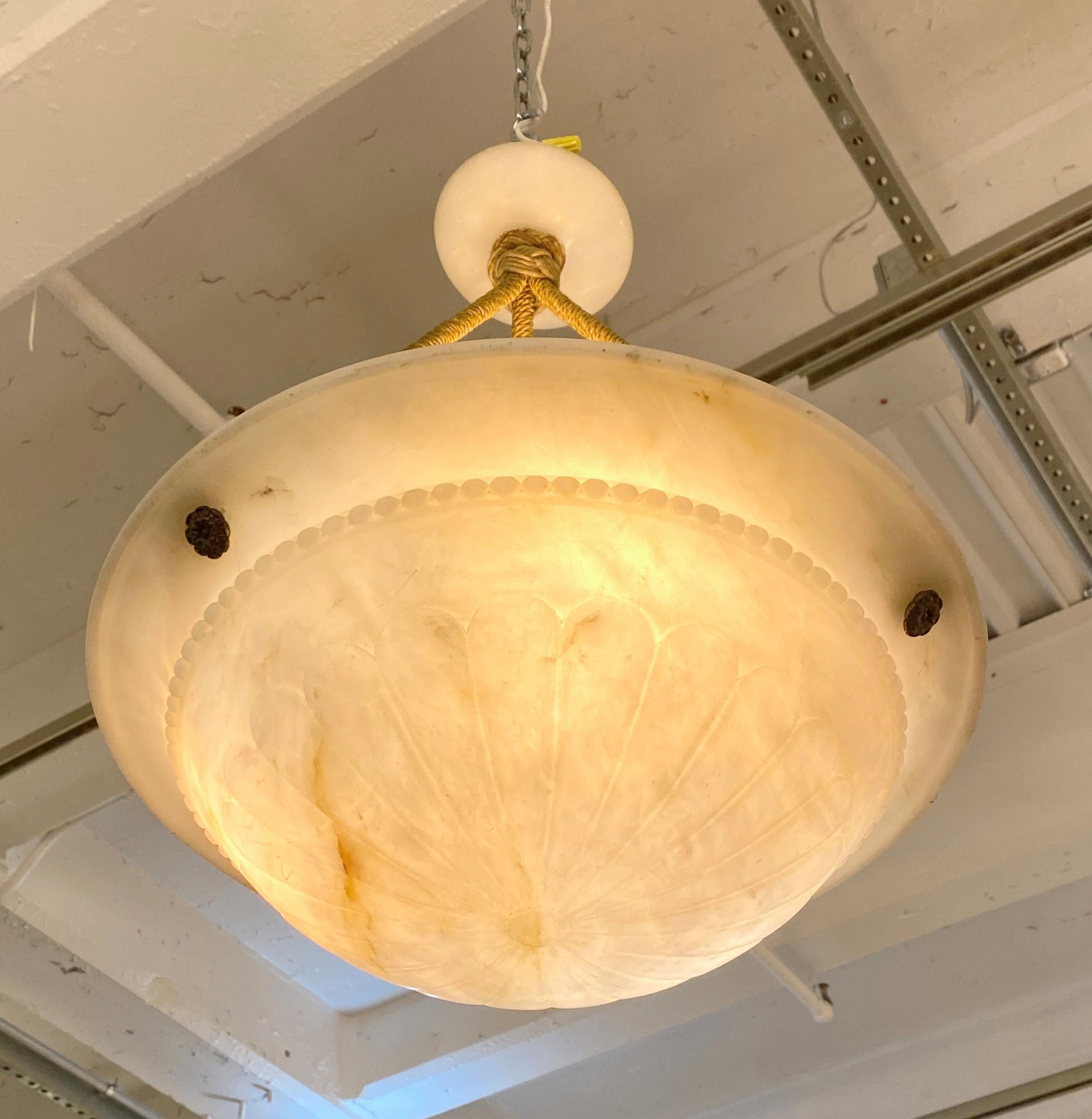 20th Century Tan Creamy Alabaster Dish Pendant Light Rope Design