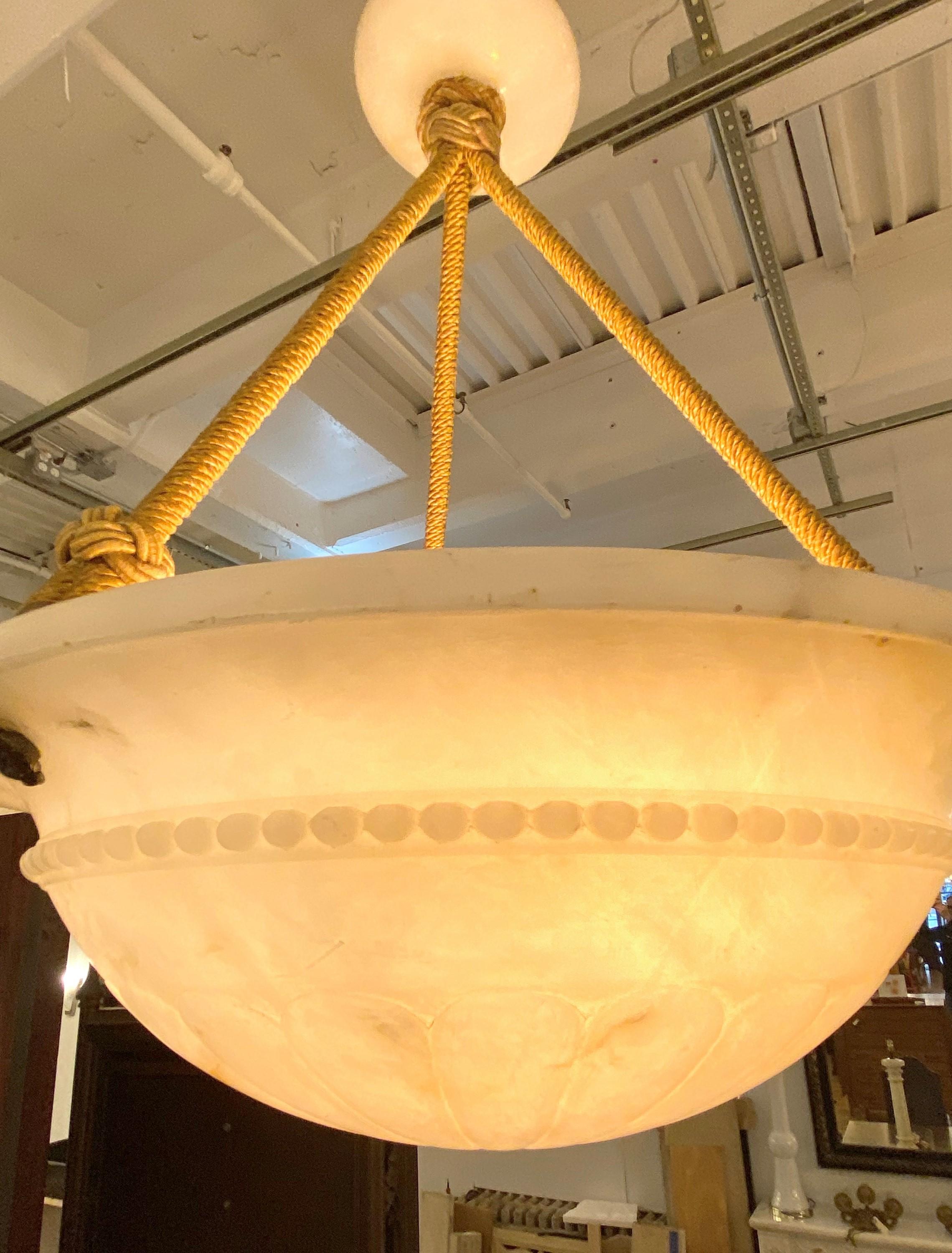 Brass Tan Creamy Alabaster Dish Pendant Light Rope Design