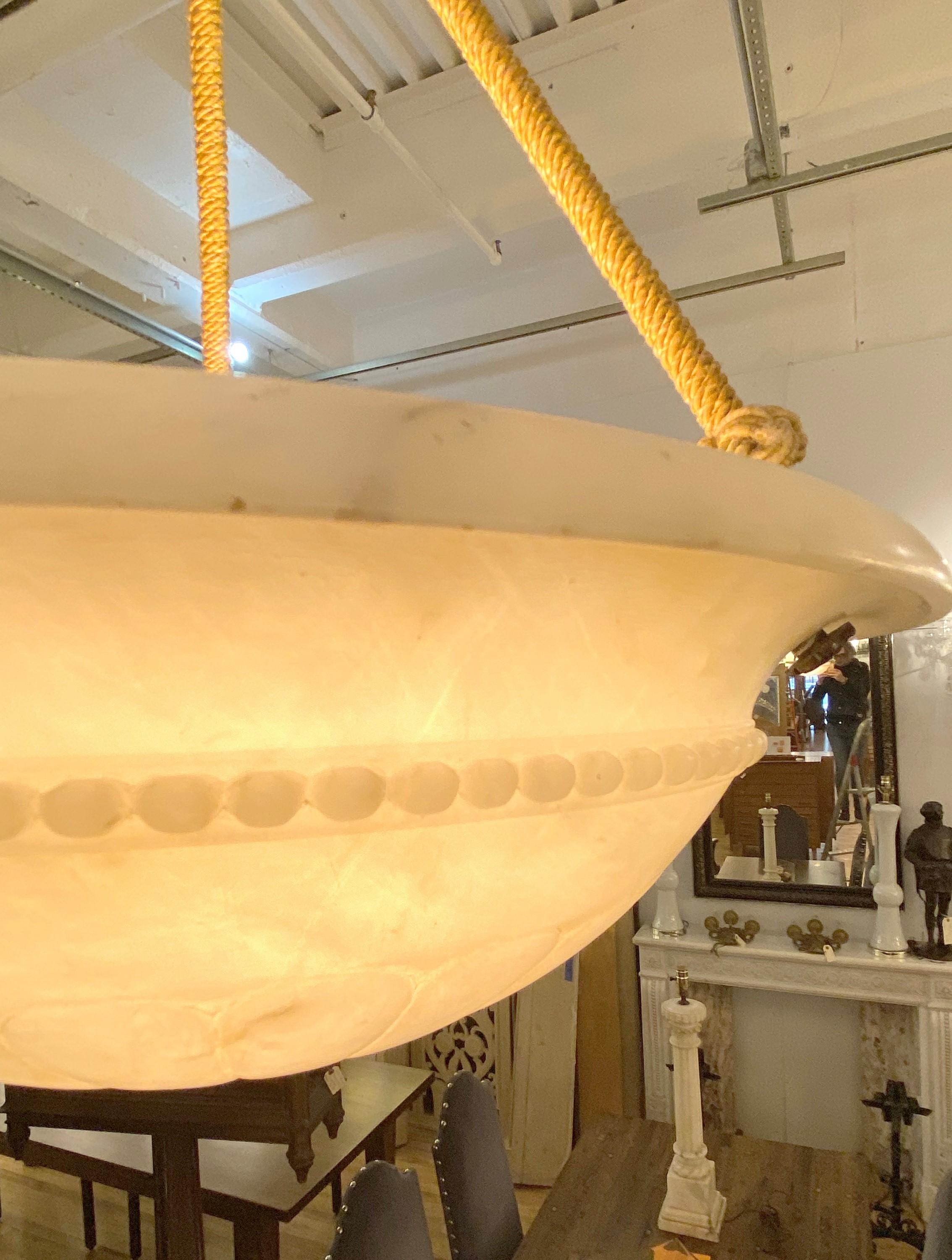 Tan Creamy Alabaster Dish Pendant Light Rope Design 1