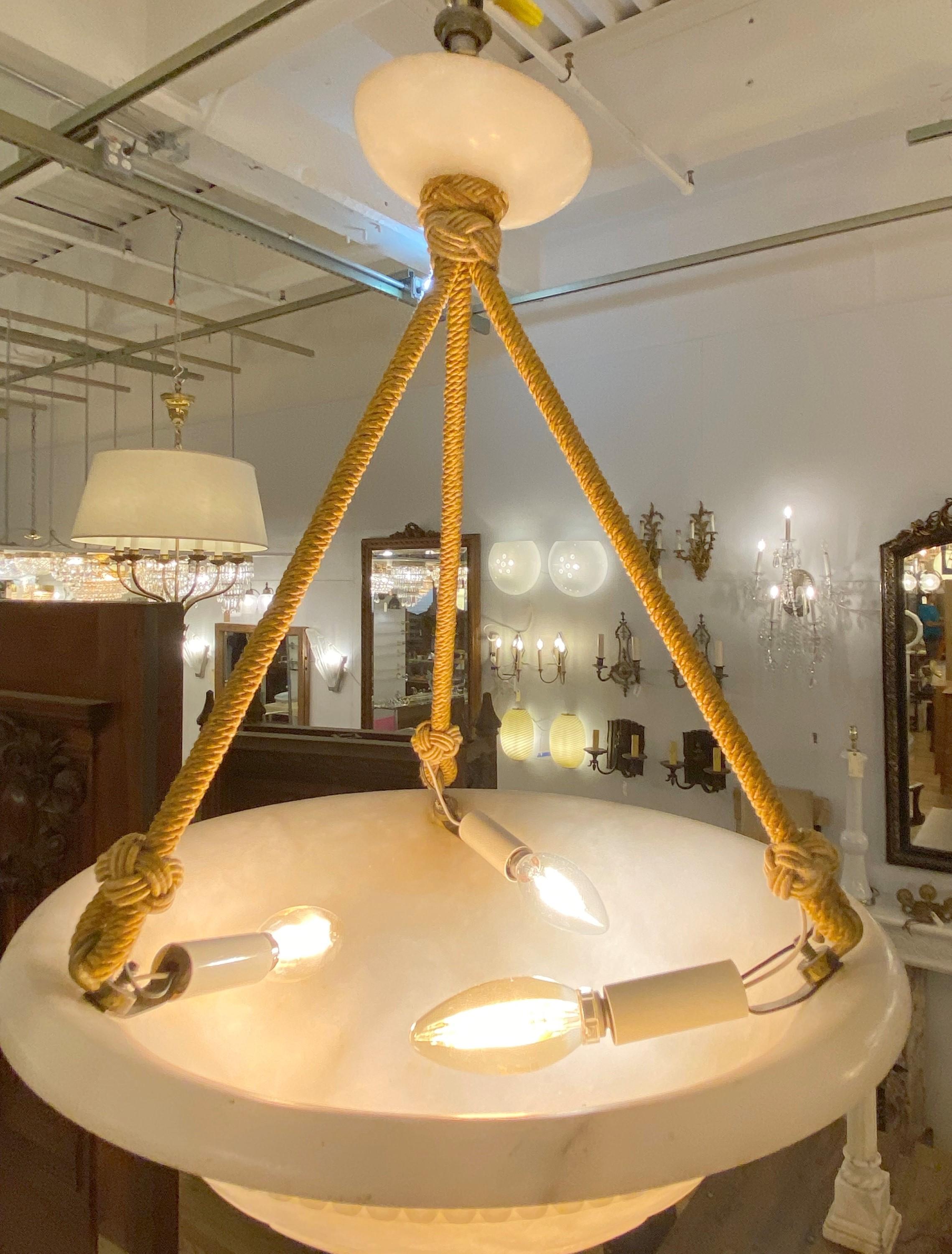Tan Creamy Alabaster Dish Pendant Light Rope Design 4