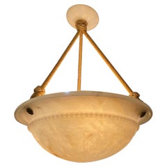 Tan Creamy Alabaster Dish Pendant Light Rope Design