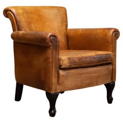 Tan French Colonial 'Sheep' Leather Roll Back Lounge / Club Chair 1960s