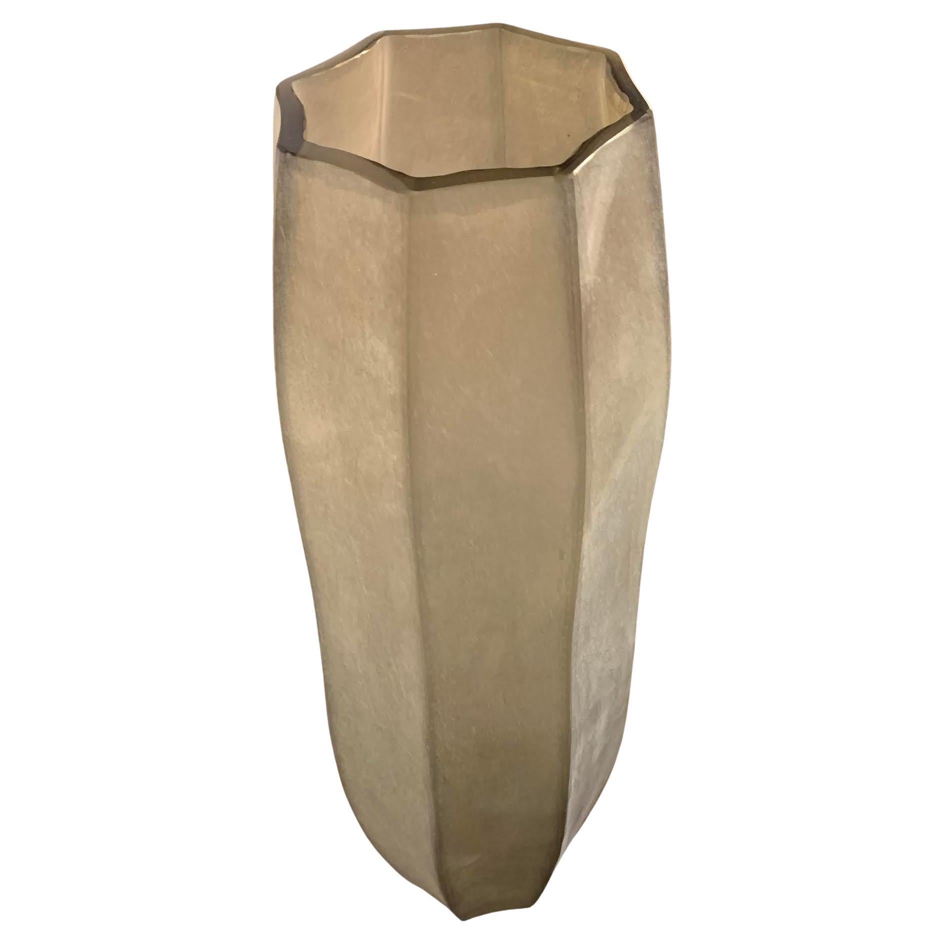 Tan Frosted Glass Tall Octagonal Shape Vase, Romania, Contemporary For Sale