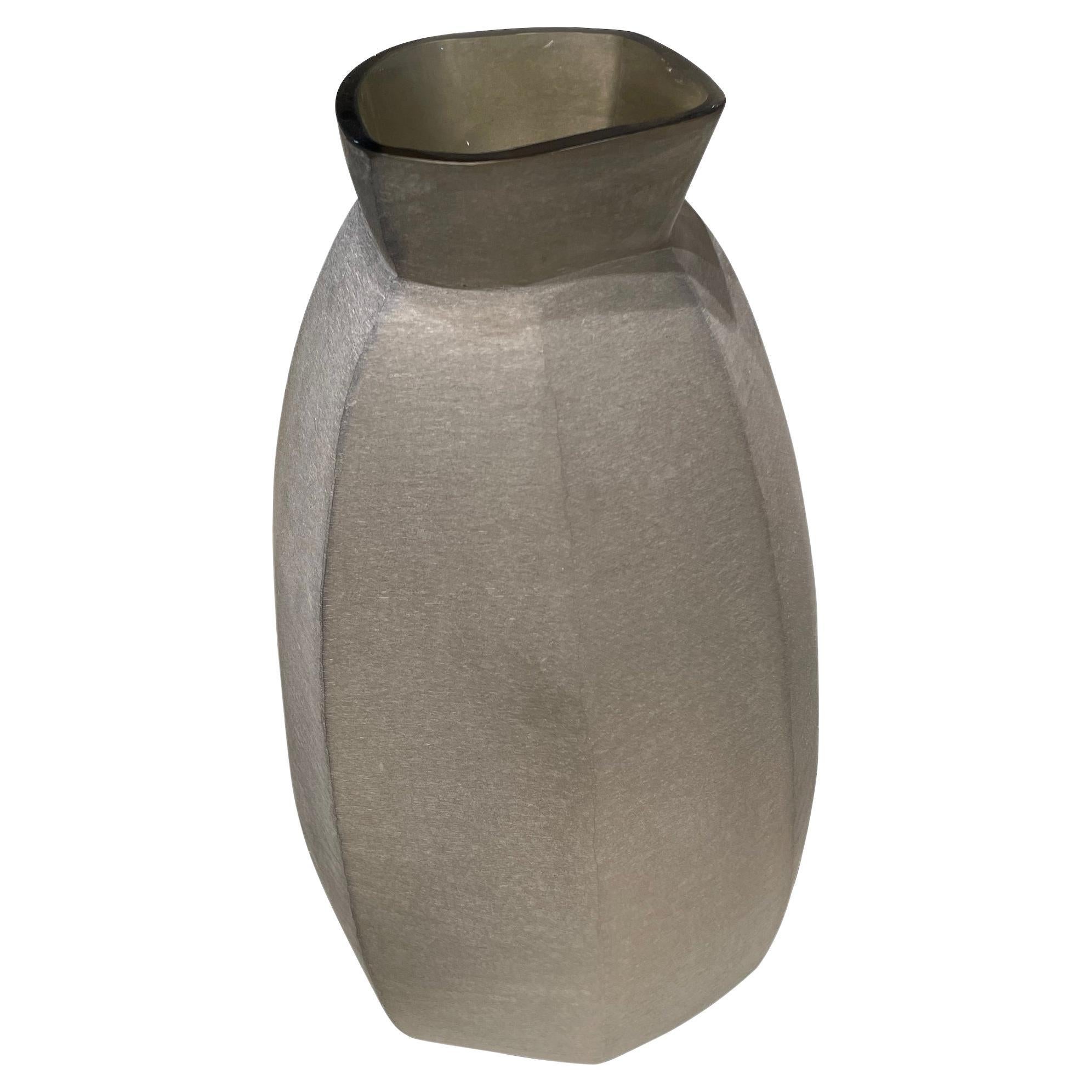 Contemporary Romanian frosted tan glass vase.
Octagonal in shape with wide lip opening.
From a large collection of glass vases from Romania.
Five in the collection of frosted tan glass vases.