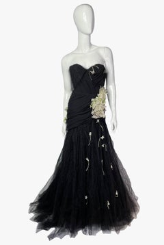 Tan Giudicelli vestido de alta costura negro con corpiño vintage, años 80