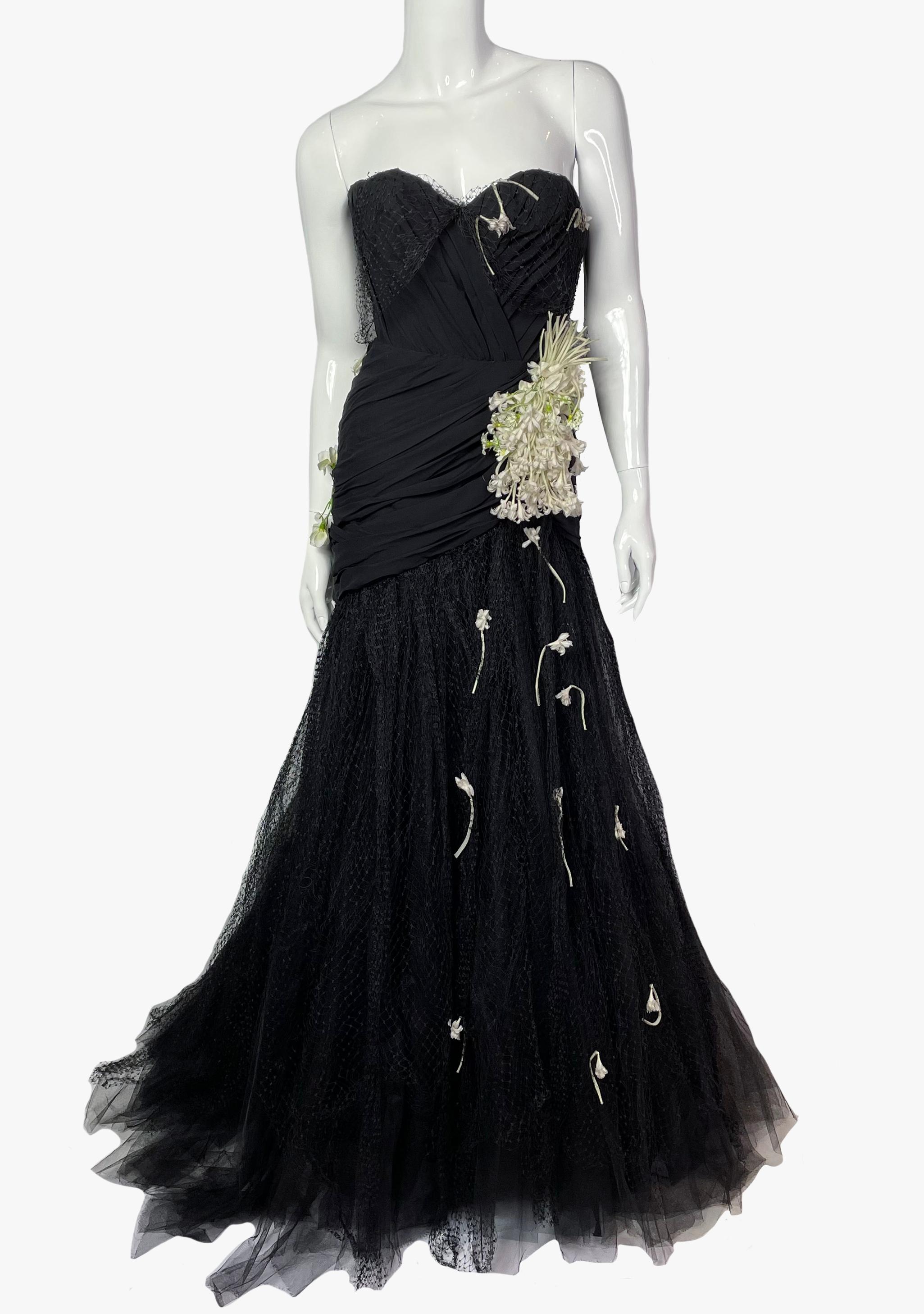 Black Tan Giudicelli vintage bustier black couture gown, 1980s For Sale