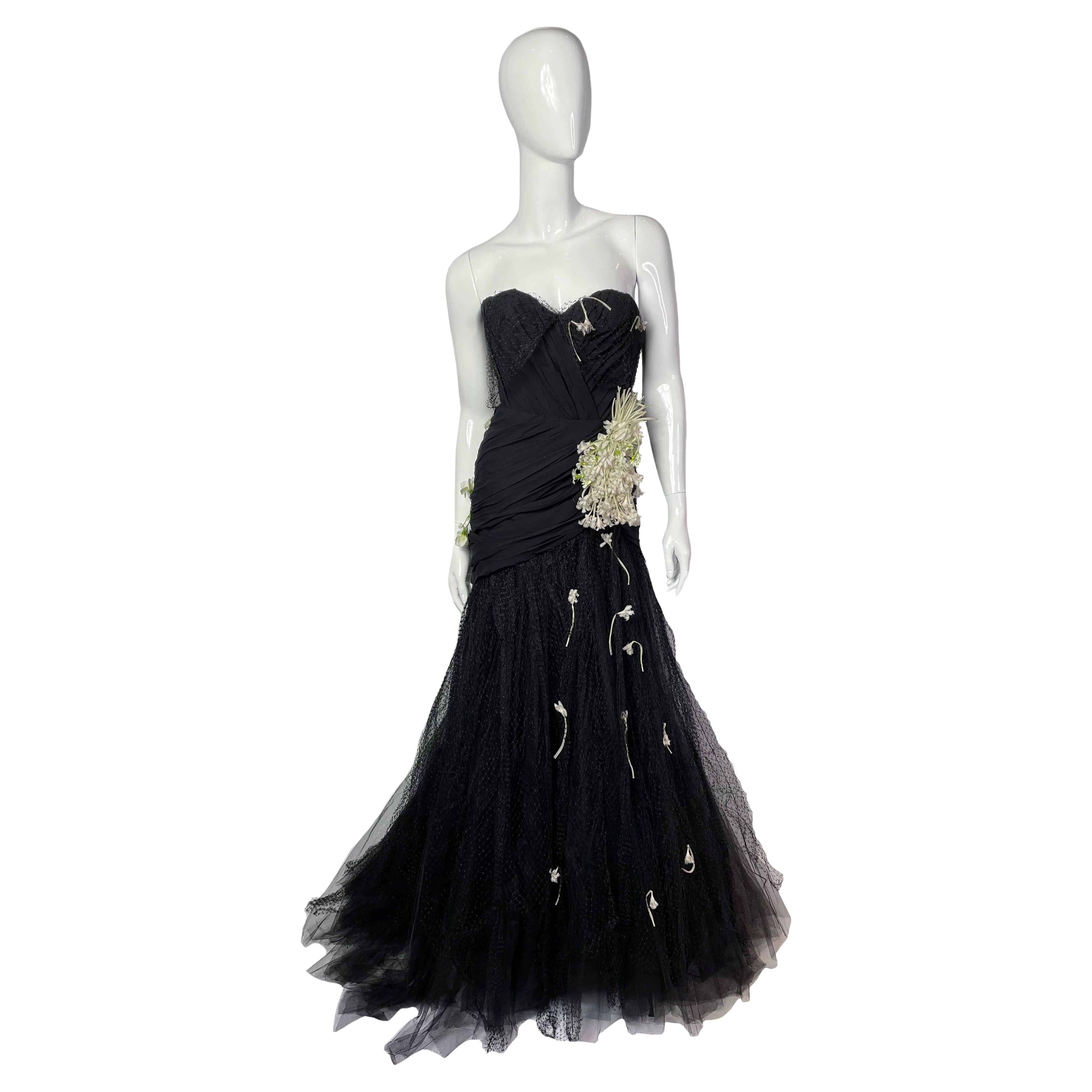 Tan Giudicelli vintage bustier black couture gown, 1980s For Sale