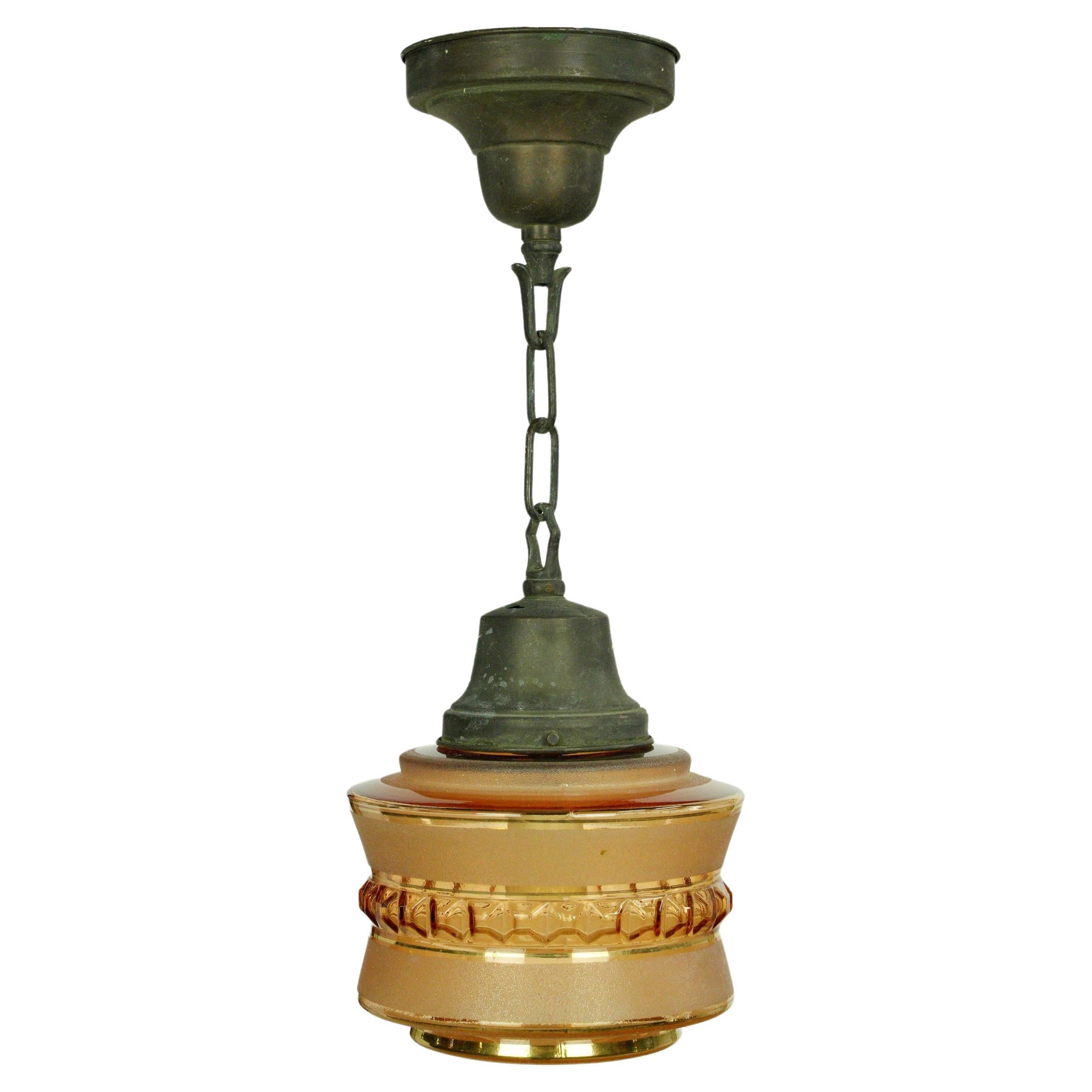 Tan Glass Globe Bronze Chain Pendant Light For Sale