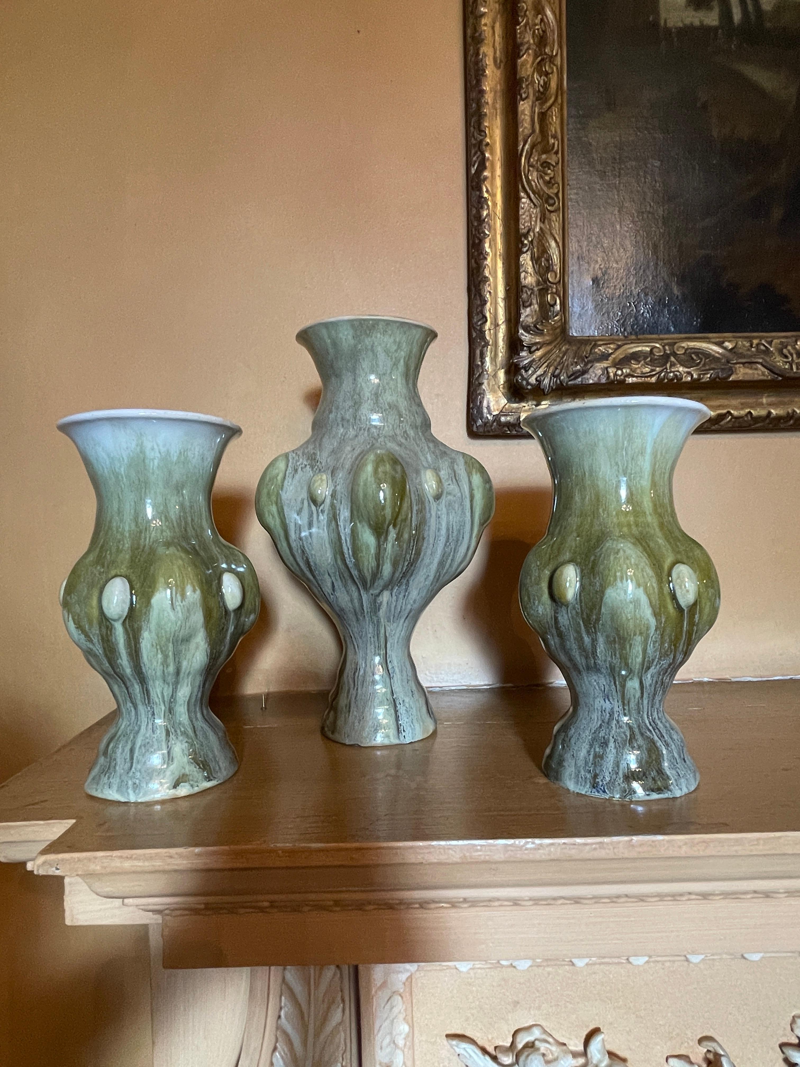 Stoneware Tan Green Garniture of Three Vases Contemporary 21st Century Italian Unique For Sale