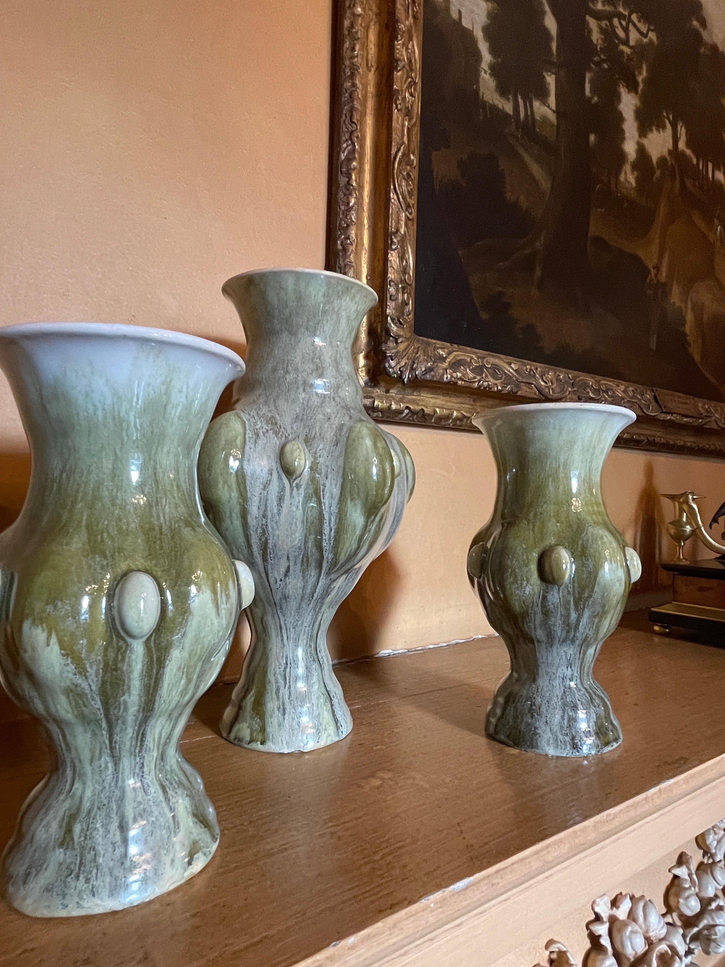 Tan Green Garniture of Three Vases Contemporary 21st Century Italian Unique For Sale 1