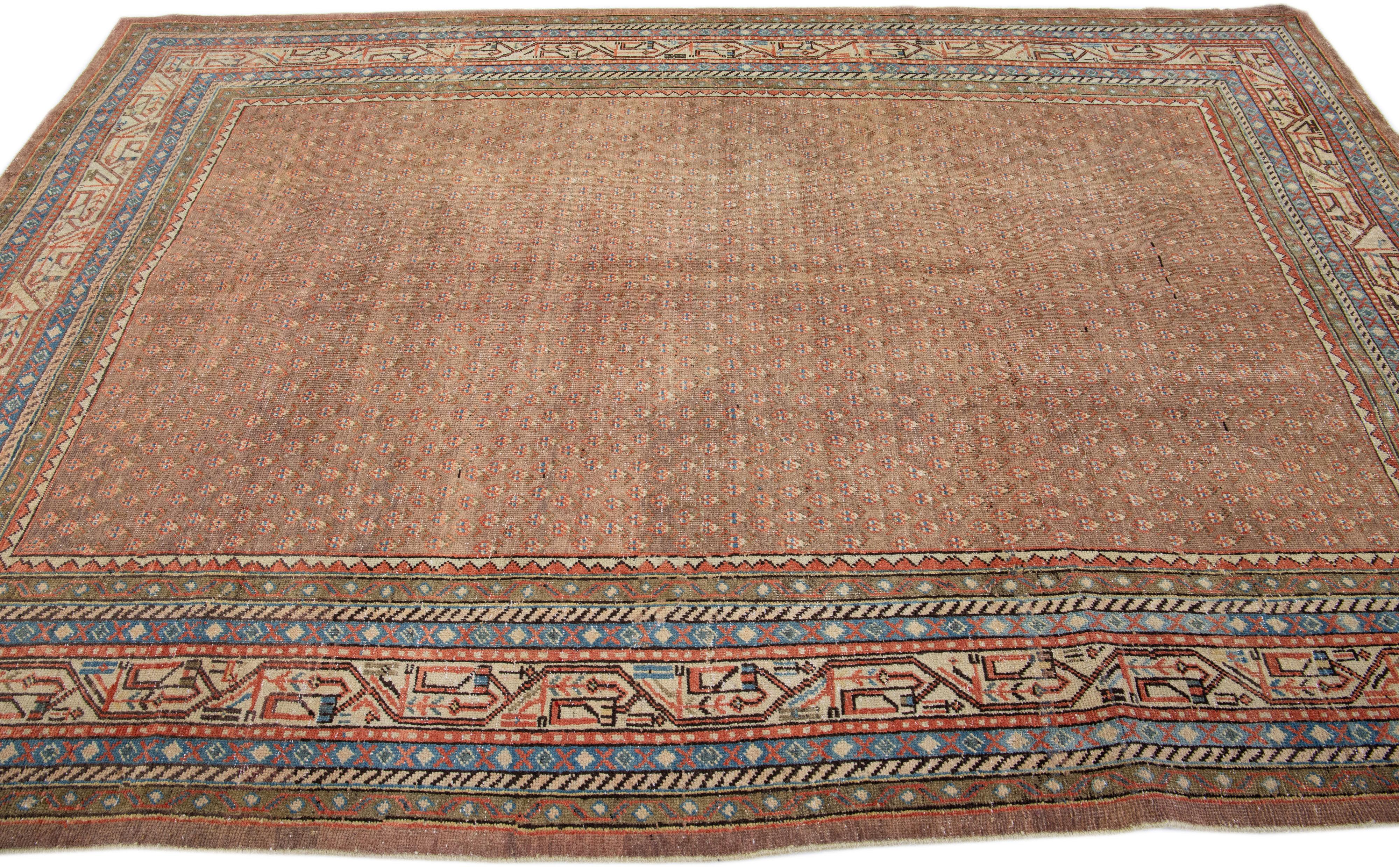 Persian Tan Handmade Antique Hamadan Wool Rug with Allover Design For Sale