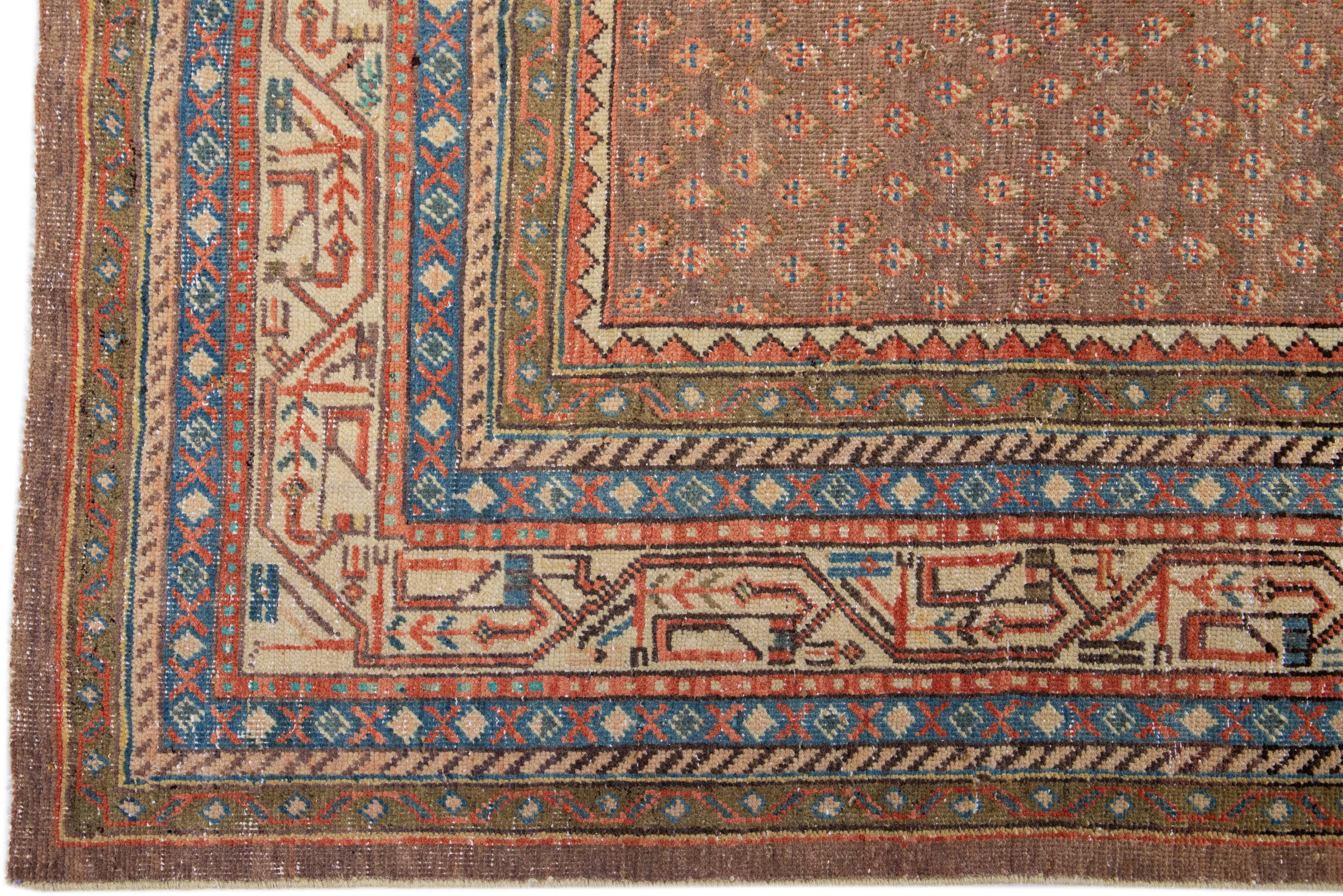 Hand-Knotted Tan Handmade Antique Hamadan Wool Rug with Allover Design For Sale