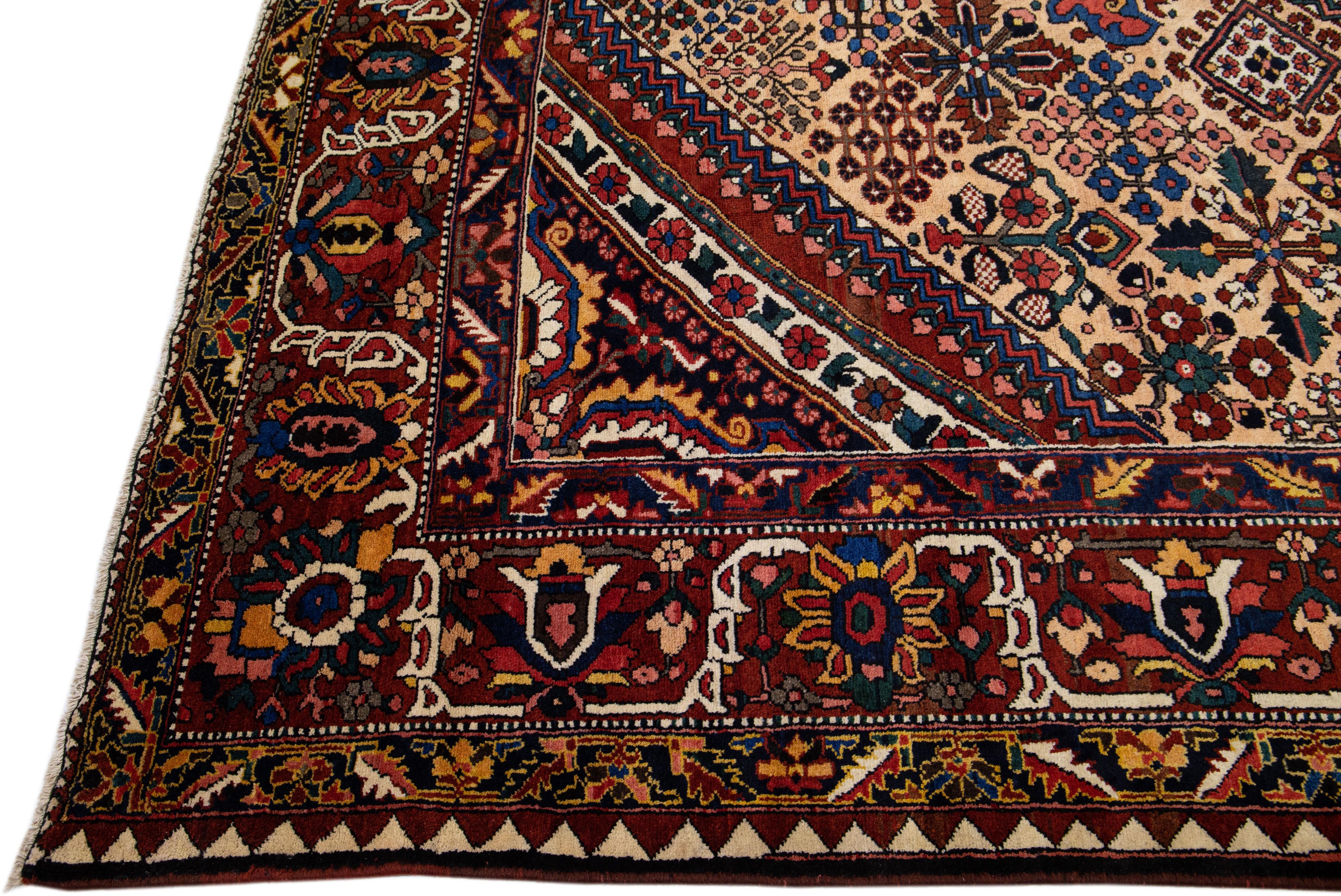 Islamic Tan Handmade Persian Bakhtiari Wool Rug With Medallion Design For Sale