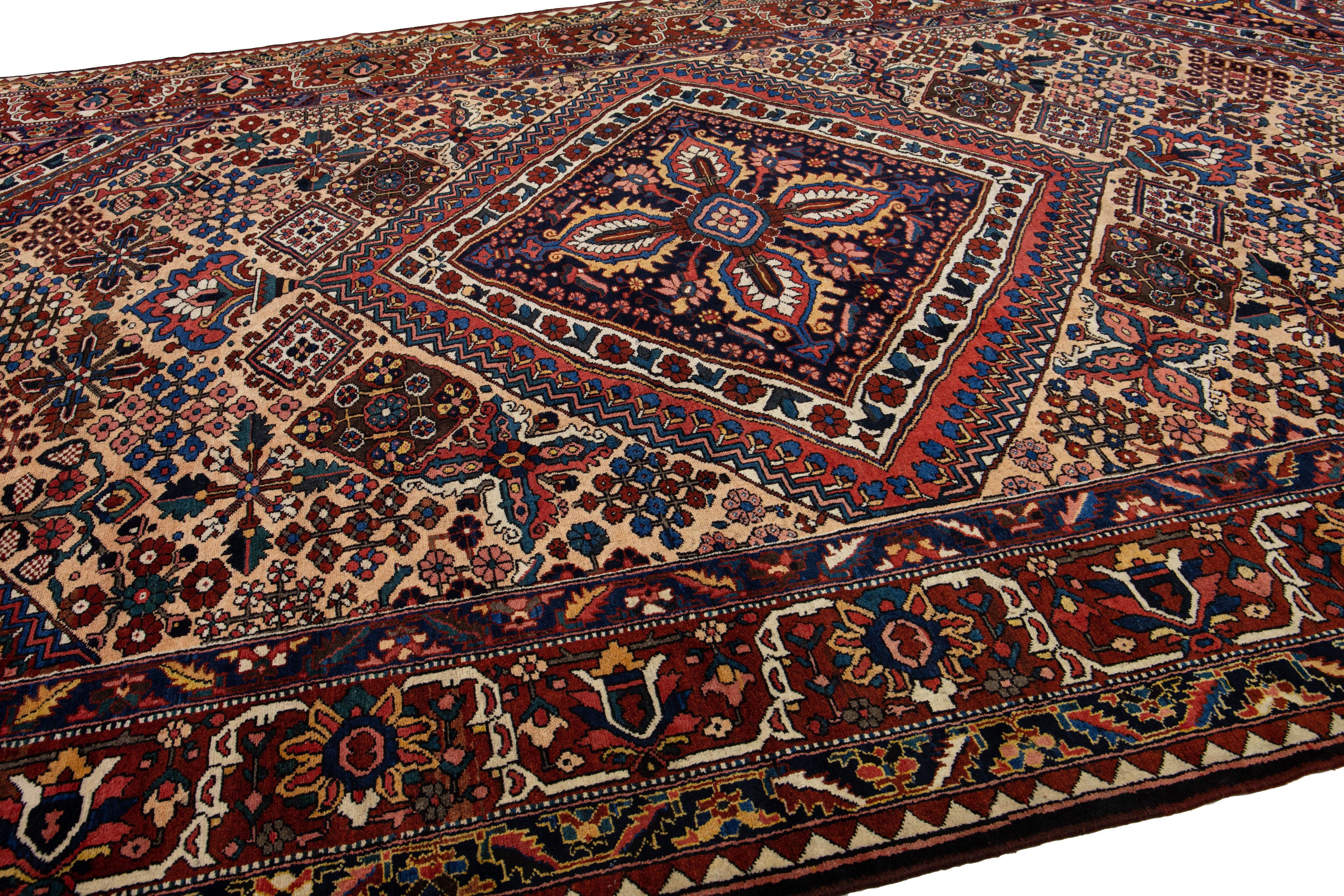 Hand-Knotted Tan Handmade Persian Bakhtiari Wool Rug With Medallion Design For Sale