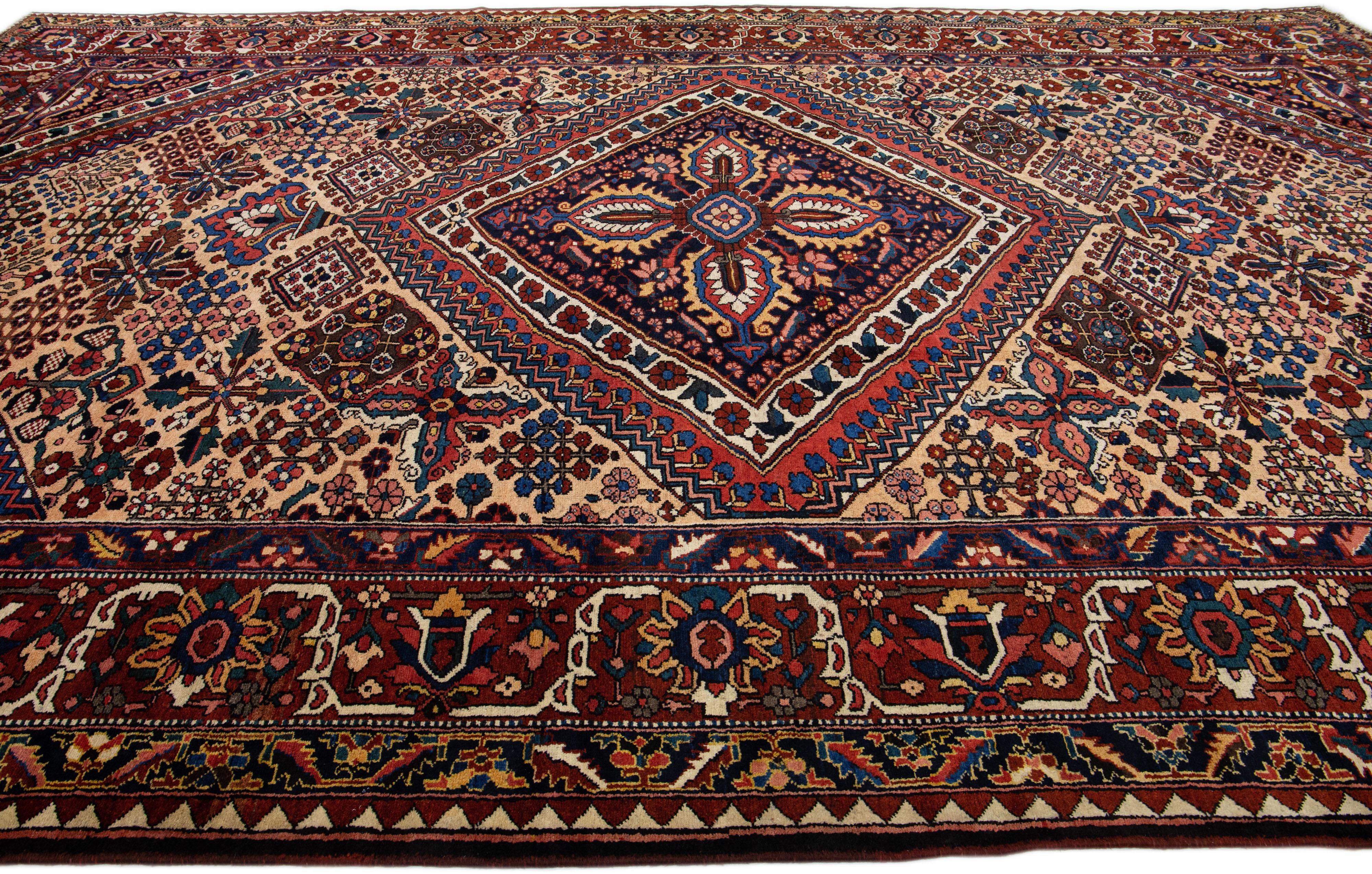 Tan Handmade Persian Bakhtiari Wool Rug With Medallion Design In Good Condition For Sale In Norwalk, CT